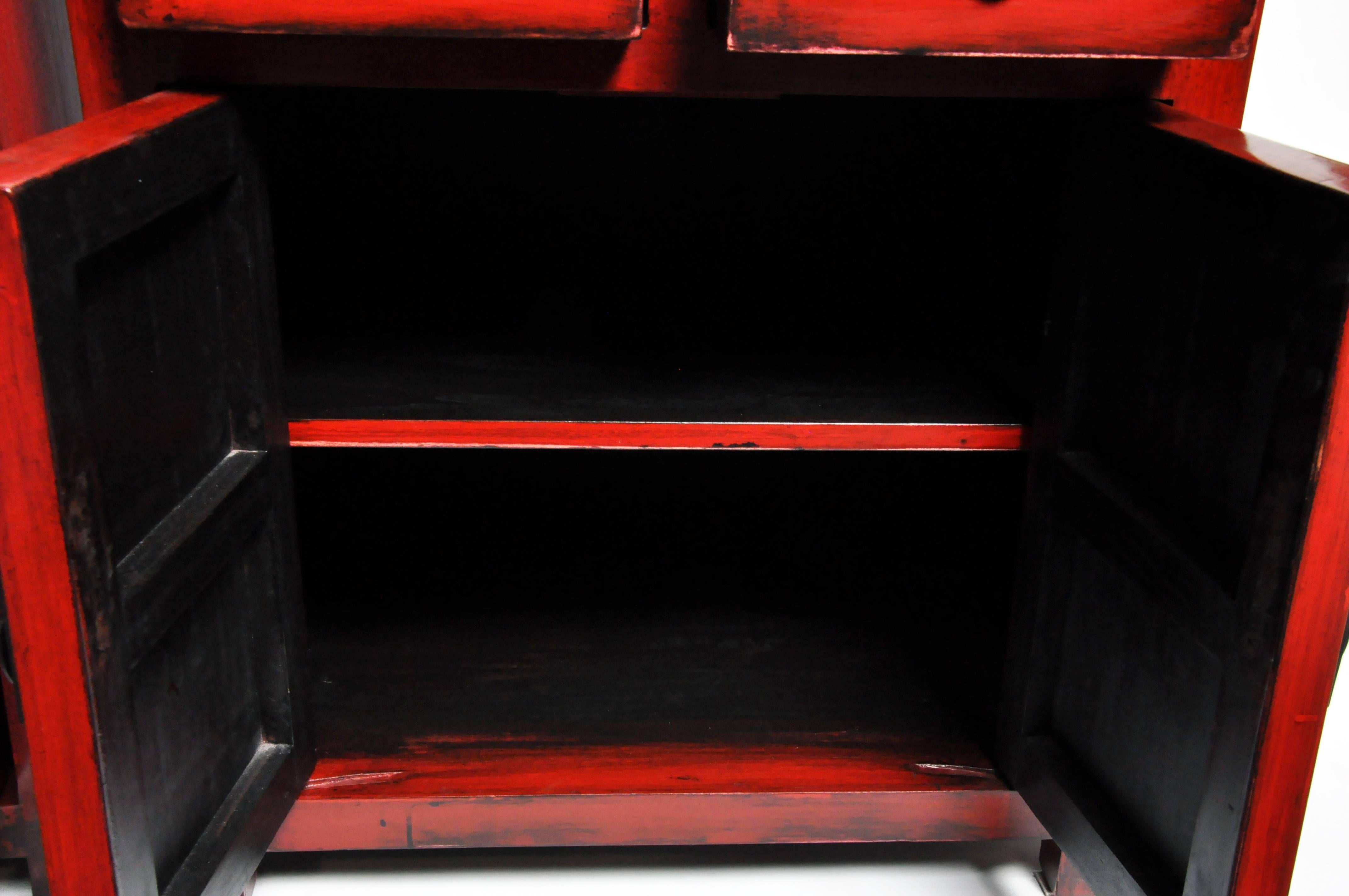 Pair of Red Lacquered Chinese Side Chests with Two Drawers and a Shelf 3