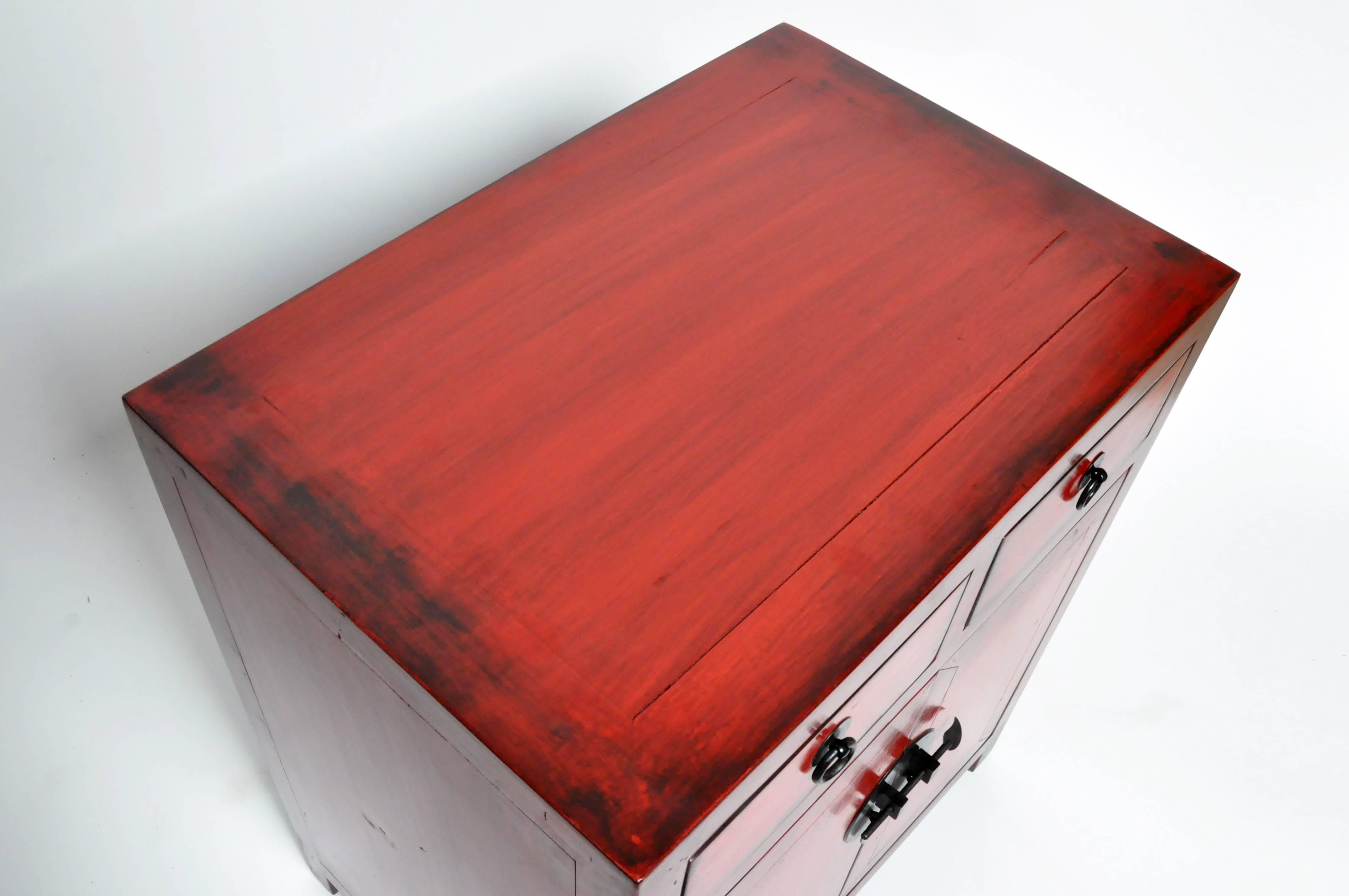 Pair of Red Lacquered Chinese Side Chests with Two Drawers and a Shelf 4