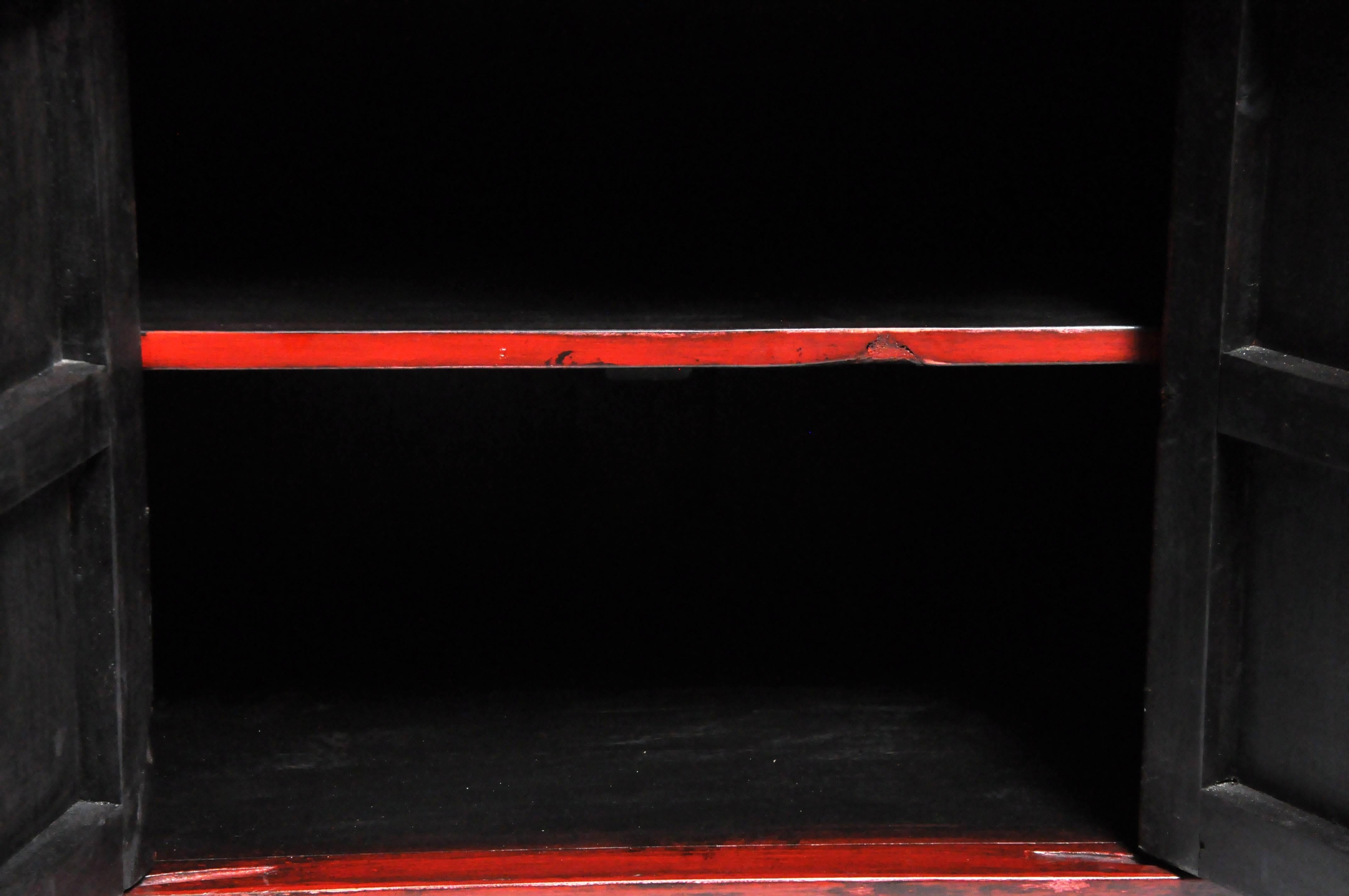 Pair of Red Lacquered Chinese Side Chests with Two Drawers and a Shelf 4