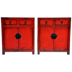 Pair of Red Lacquered Chinese Side Chests with Two Drawers and a Shelf