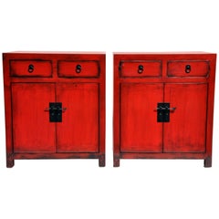 Pair of Red Lacquered Chinese Side Chests with Two Drawers and a Shelf