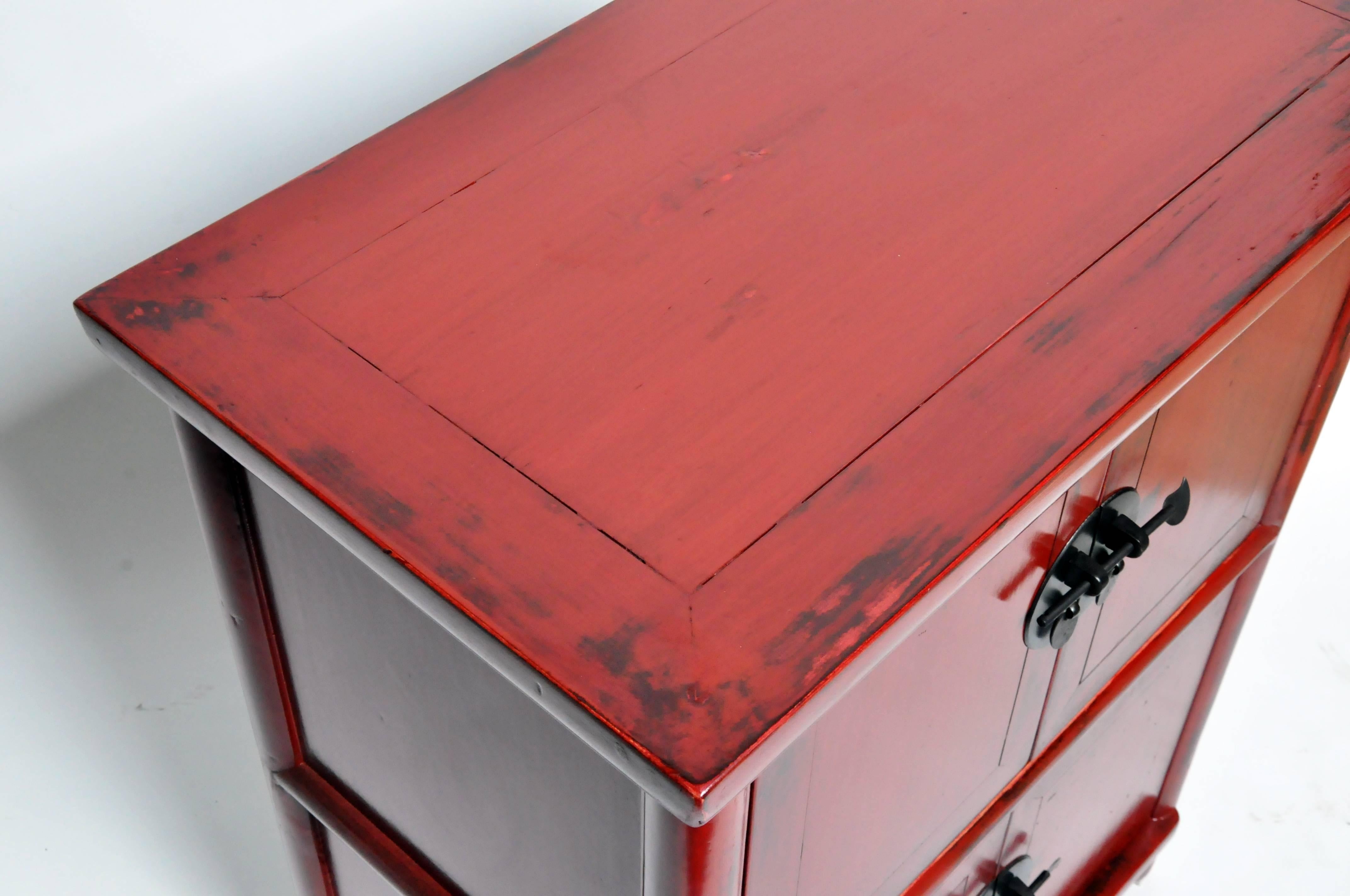 Red Lacquered Chinese Side Chests with Two Shelves 6