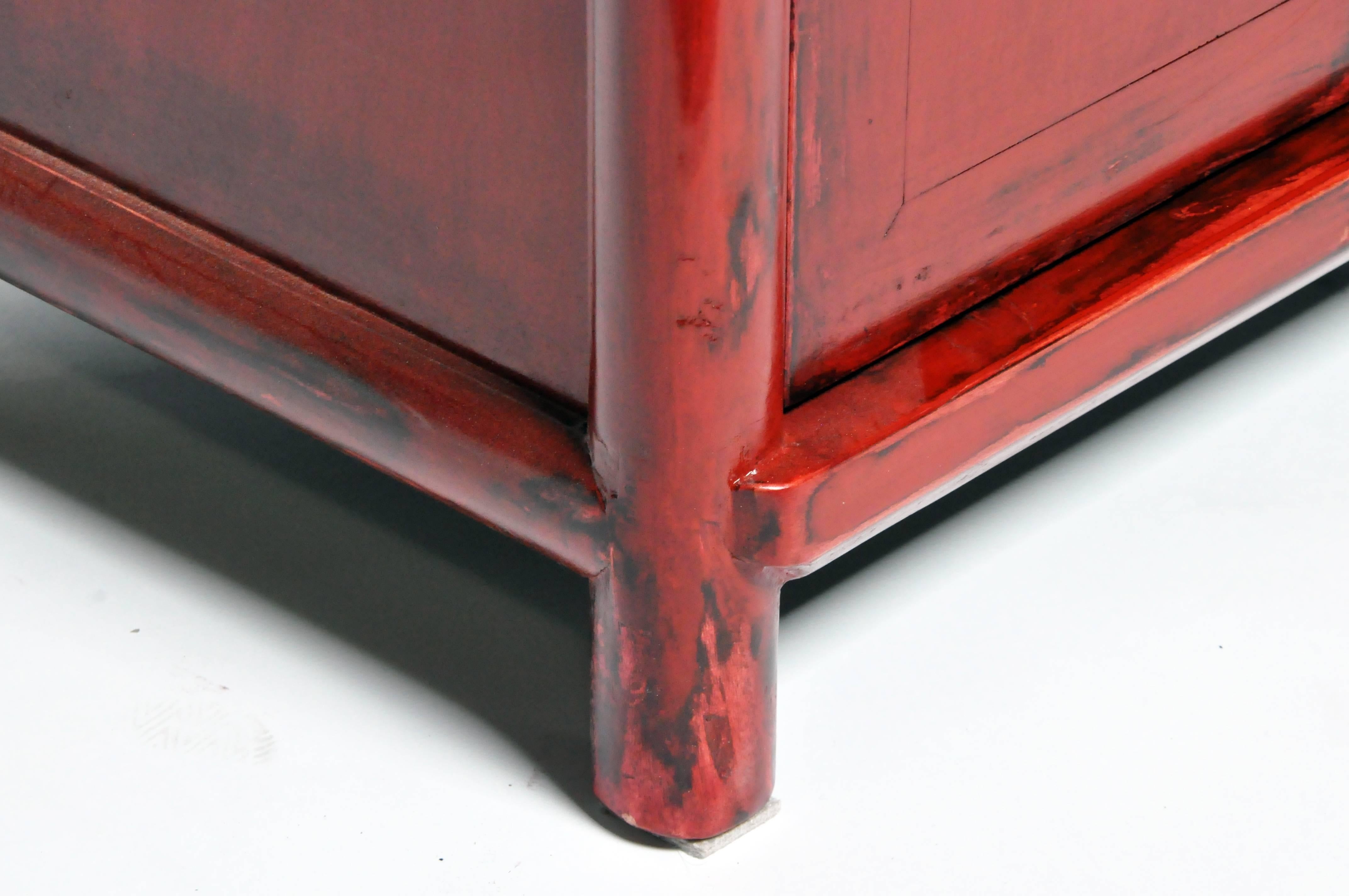 Red Lacquered Chinese Side Chests with Two Shelves 8
