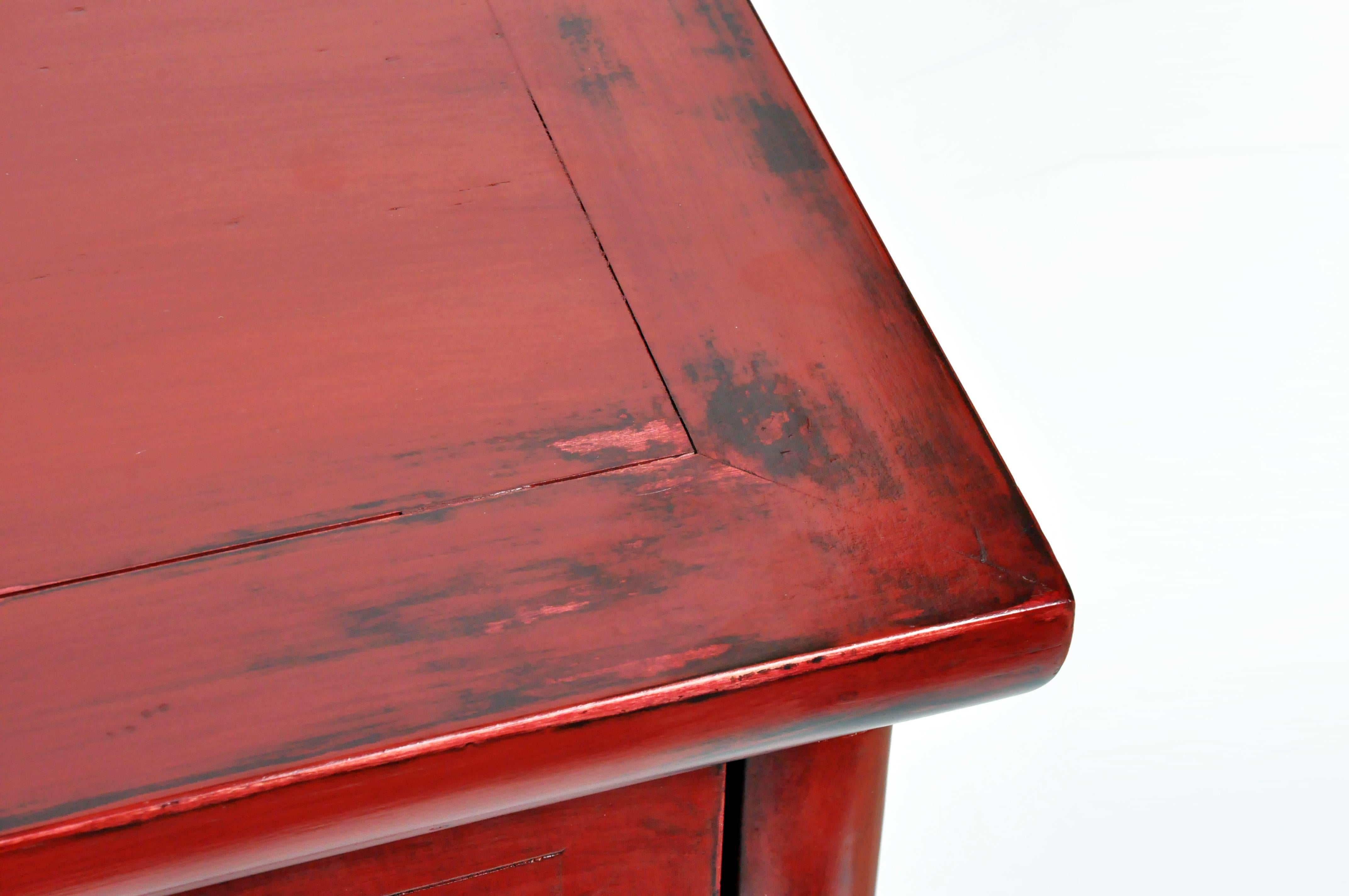 Red Lacquered Chinese Side Chests with Two Shelves 10