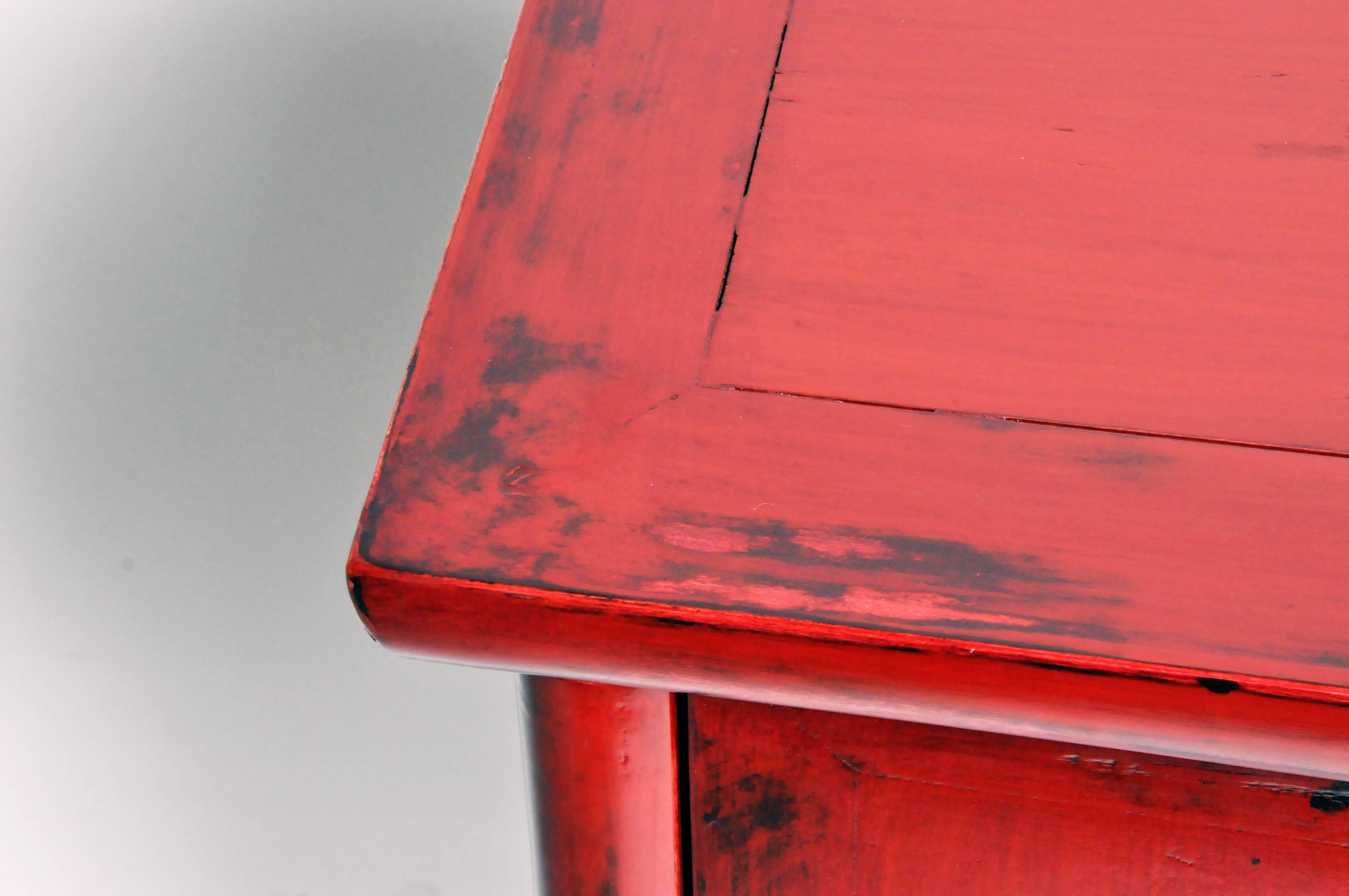 Red Lacquered Chinese Side Chests with Two Shelves 11