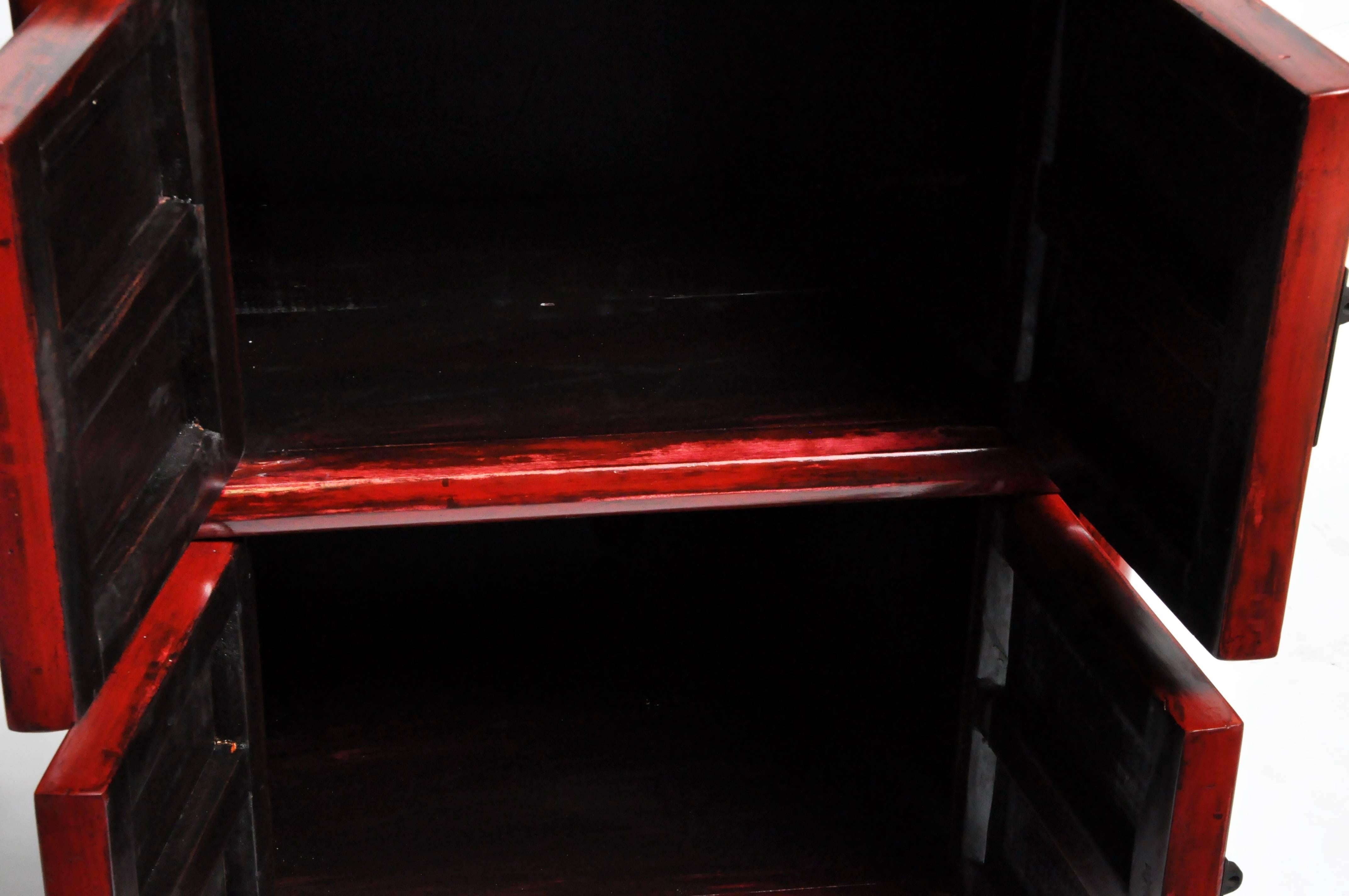 Red Lacquered Chinese Side Chests with Two Shelves 15