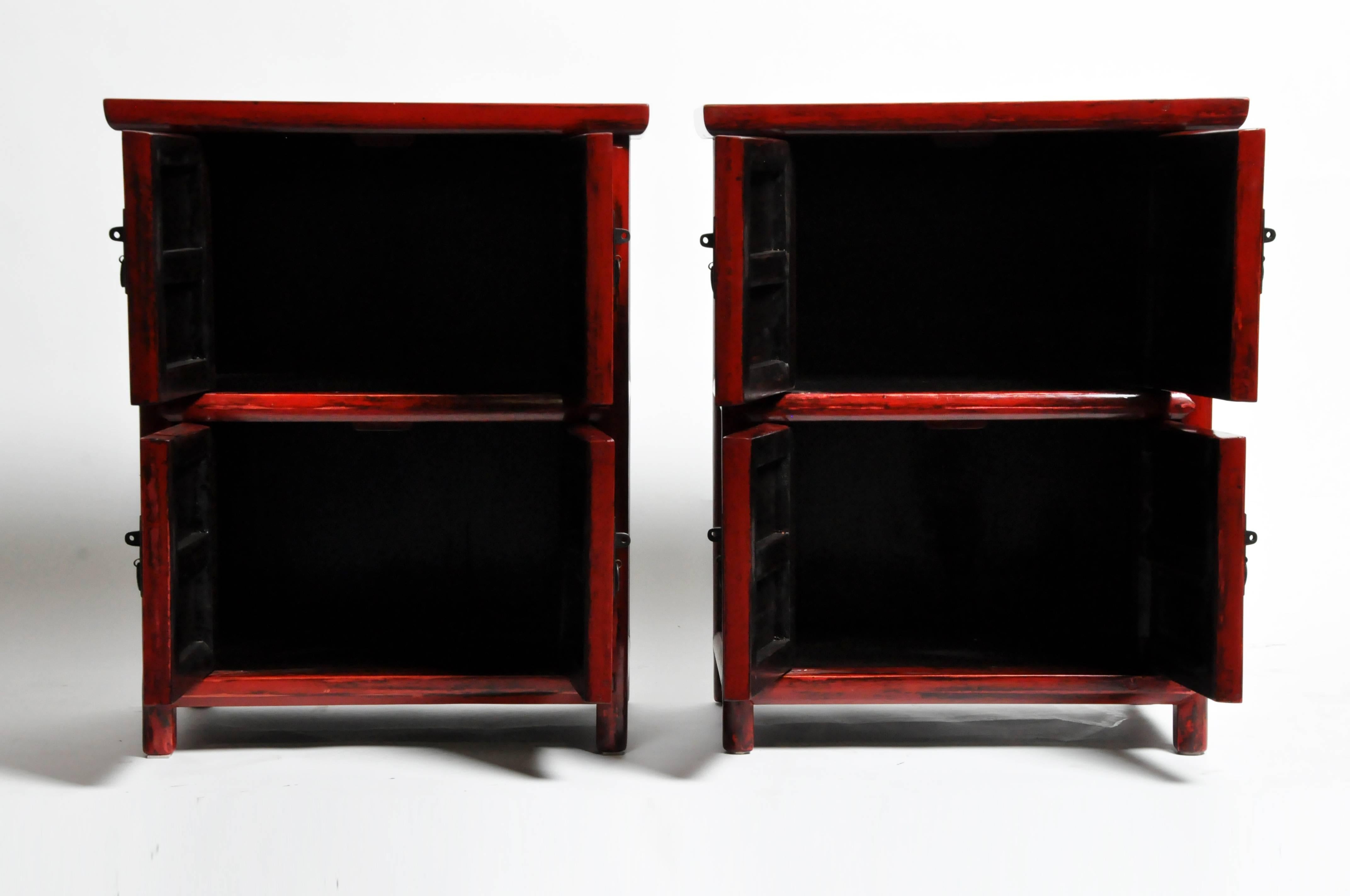 These Chinese side chests are from Jiangsu, China and was made from reclaimed elm wood and red lacquer utilizing mortise and tenon joinery. You can also customize it and make it your own. Wood, color, finish, and dimensions are all customizable.