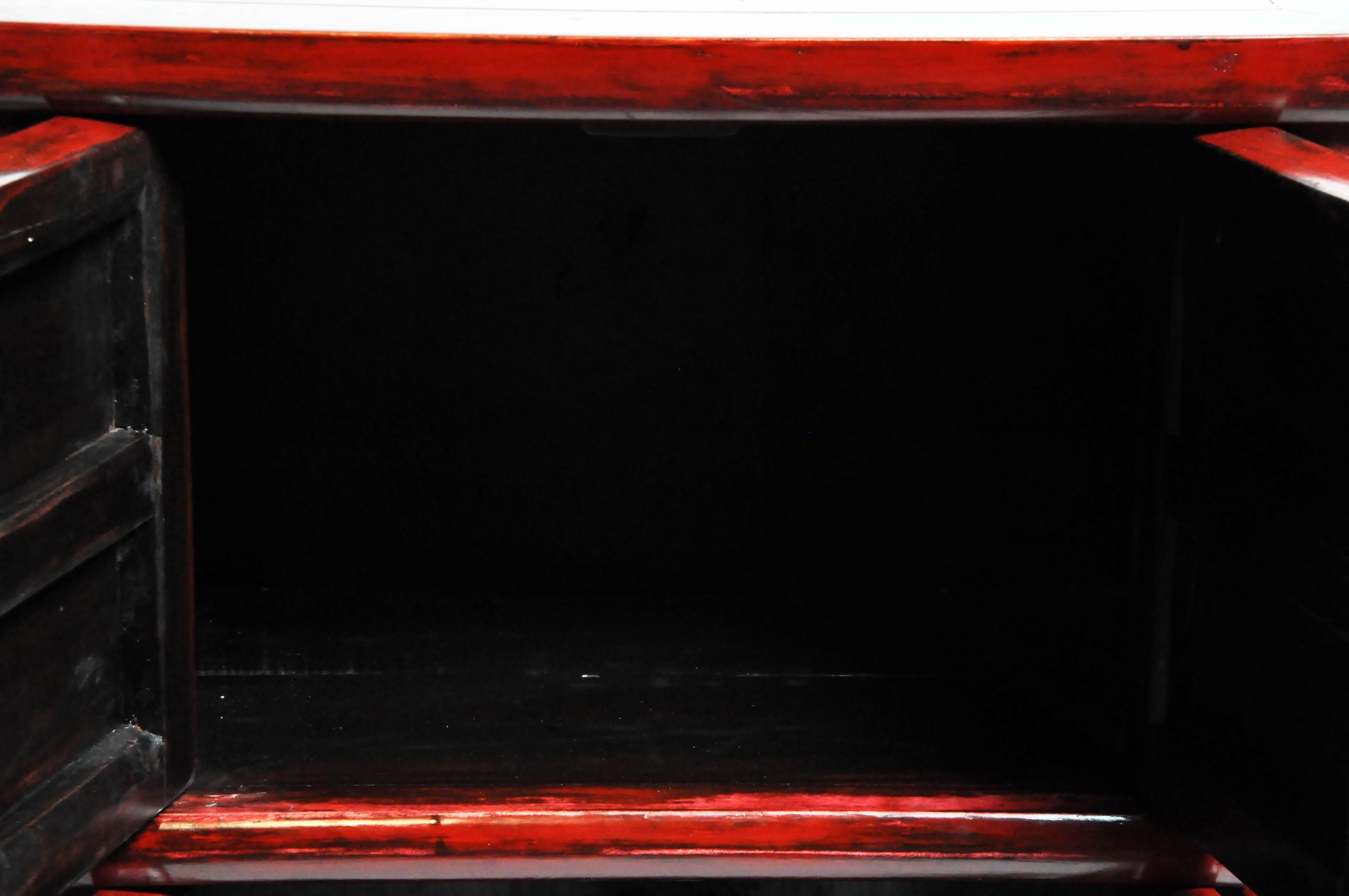 Red Lacquered Chinese Side Chests with Two Shelves 16