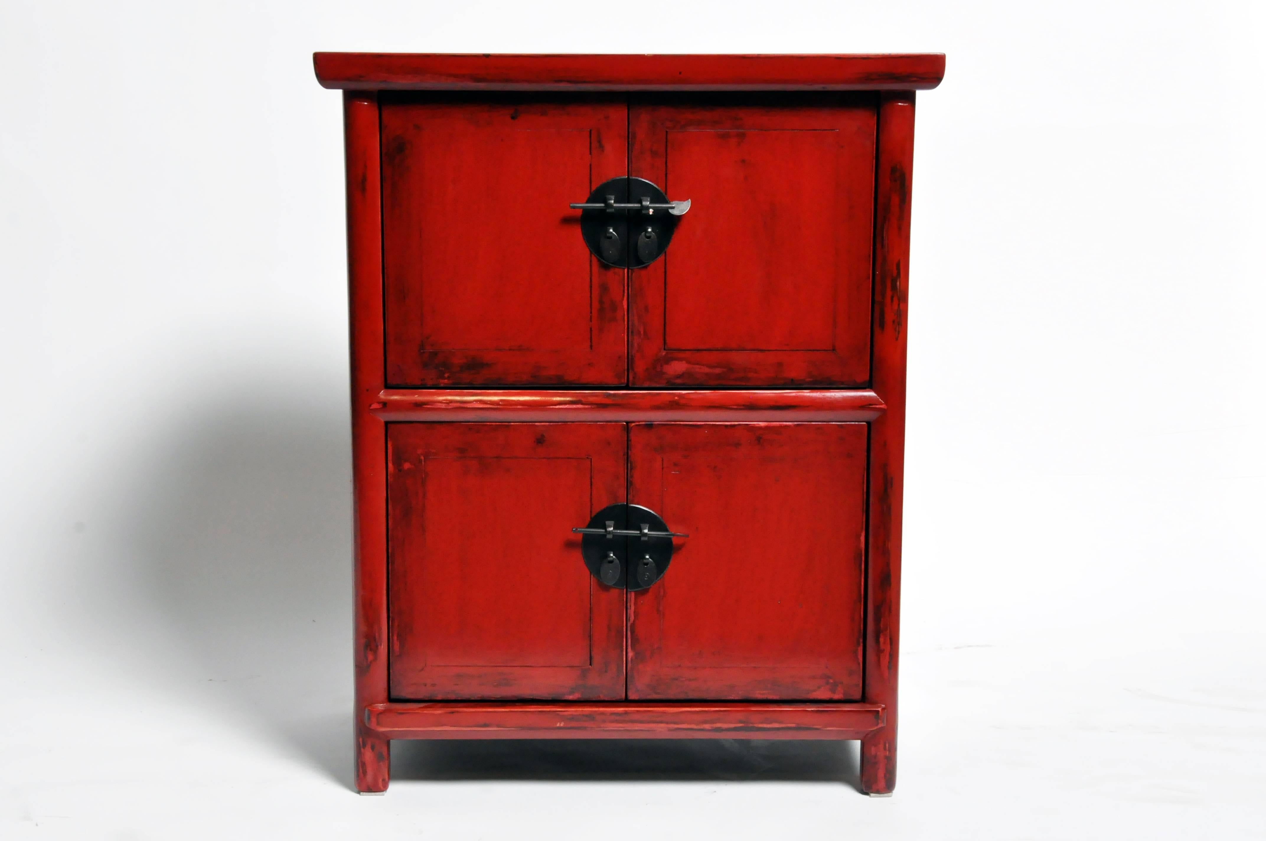 Contemporary Red Lacquered Chinese Side Chests with Two Shelves