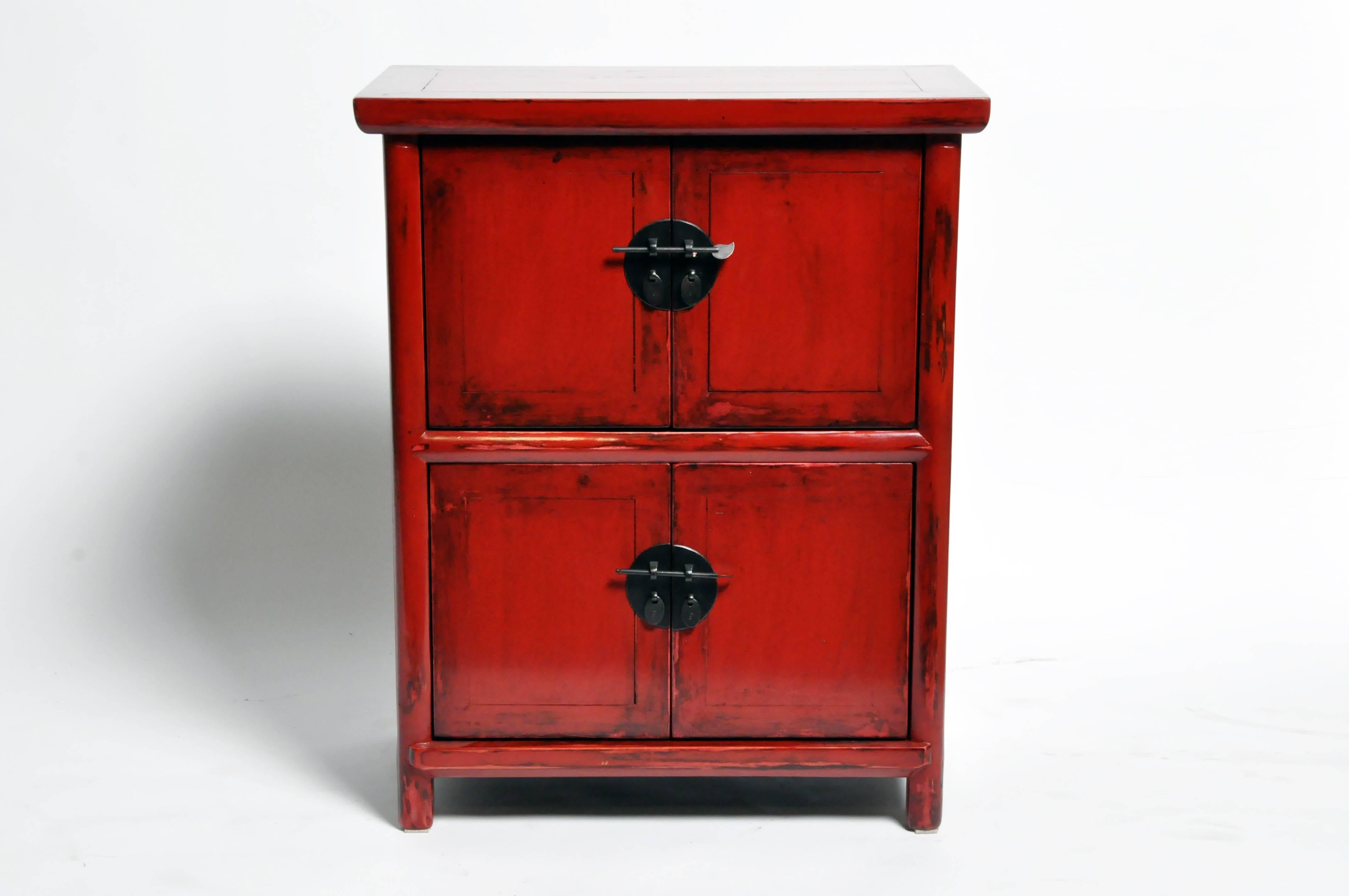 Red Lacquered Chinese Side Chests with Two Shelves 1