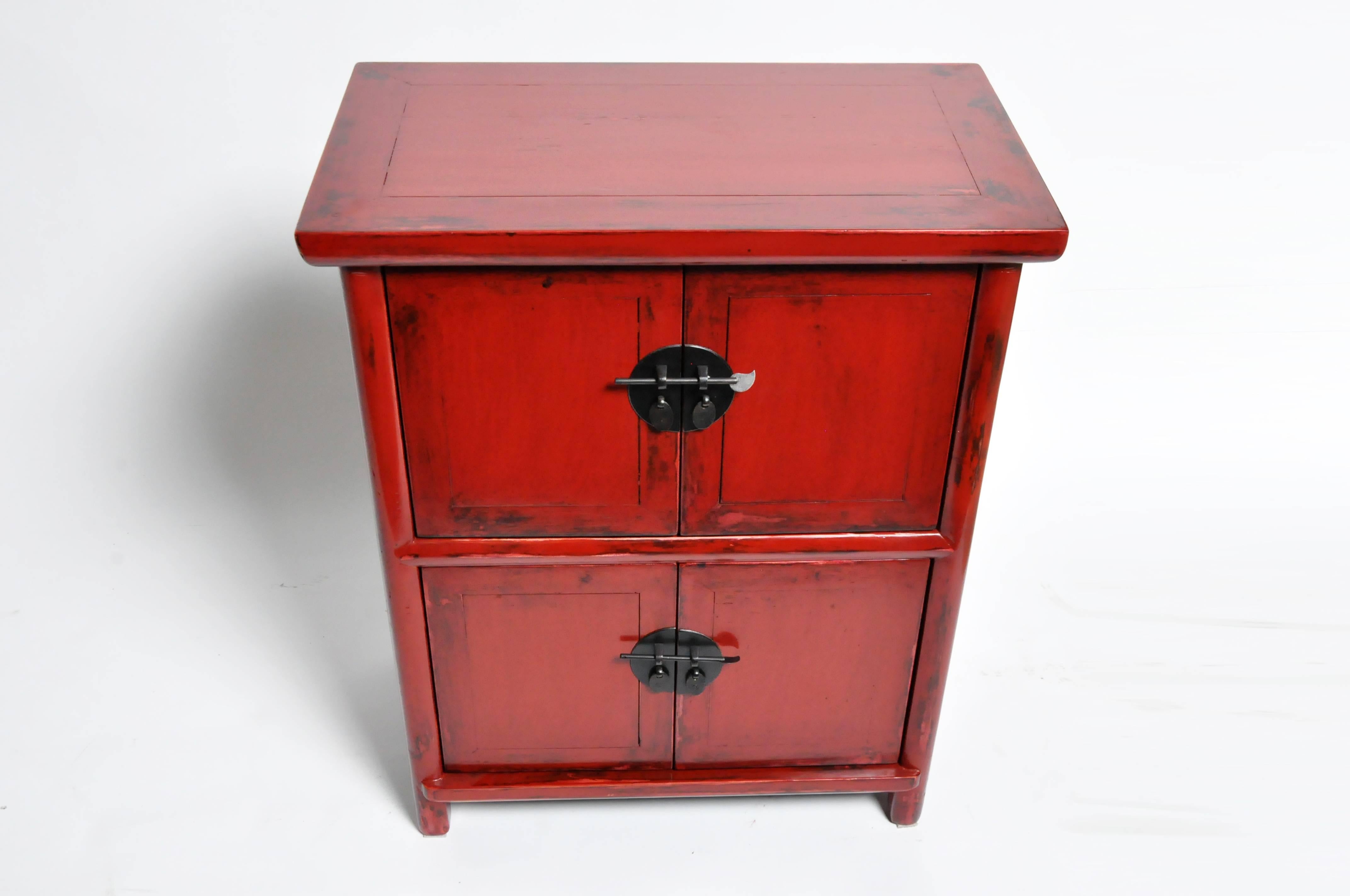 Red Lacquered Chinese Side Chests with Two Shelves 2