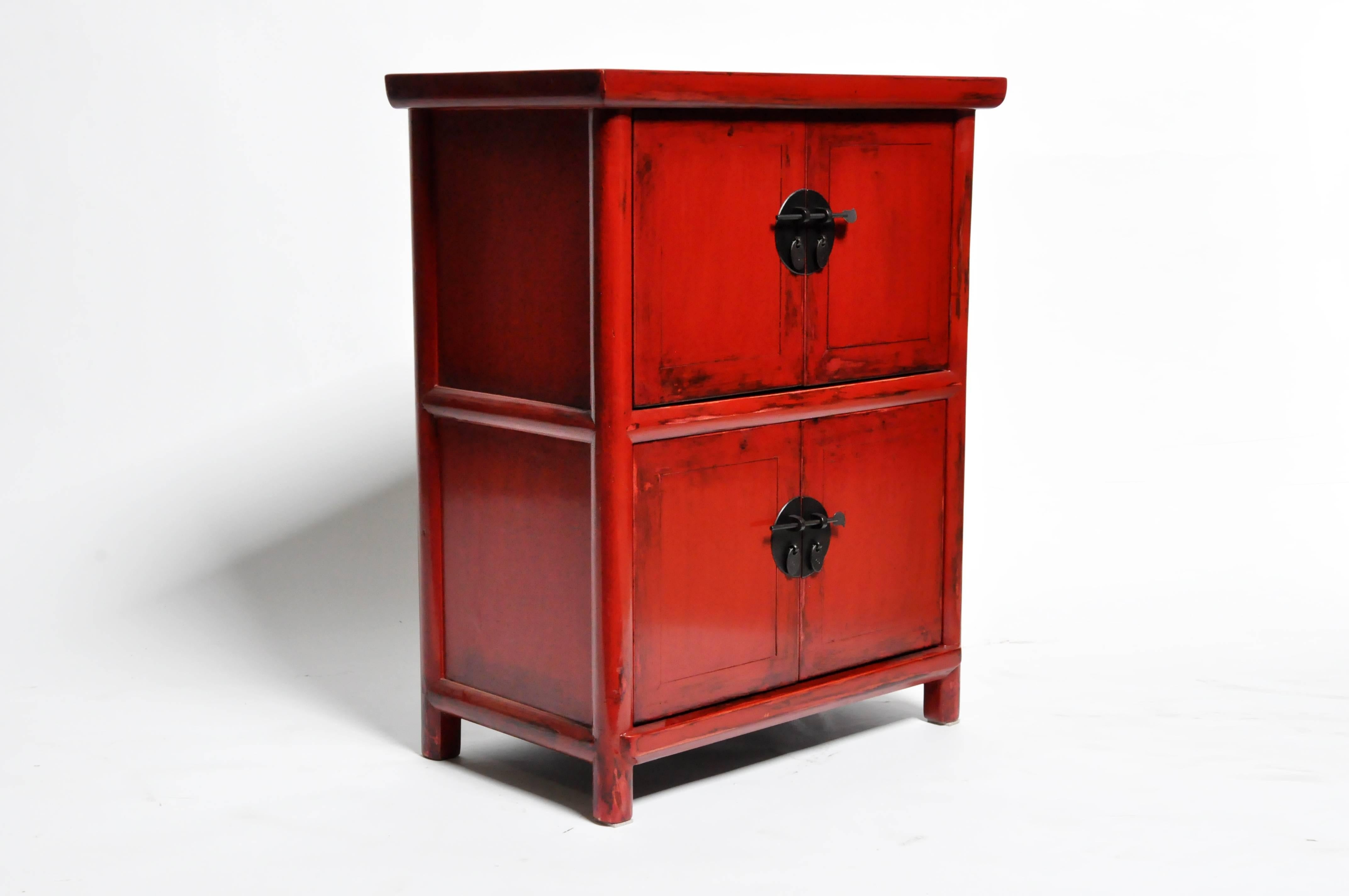 Red Lacquered Chinese Side Chests with Two Shelves 3