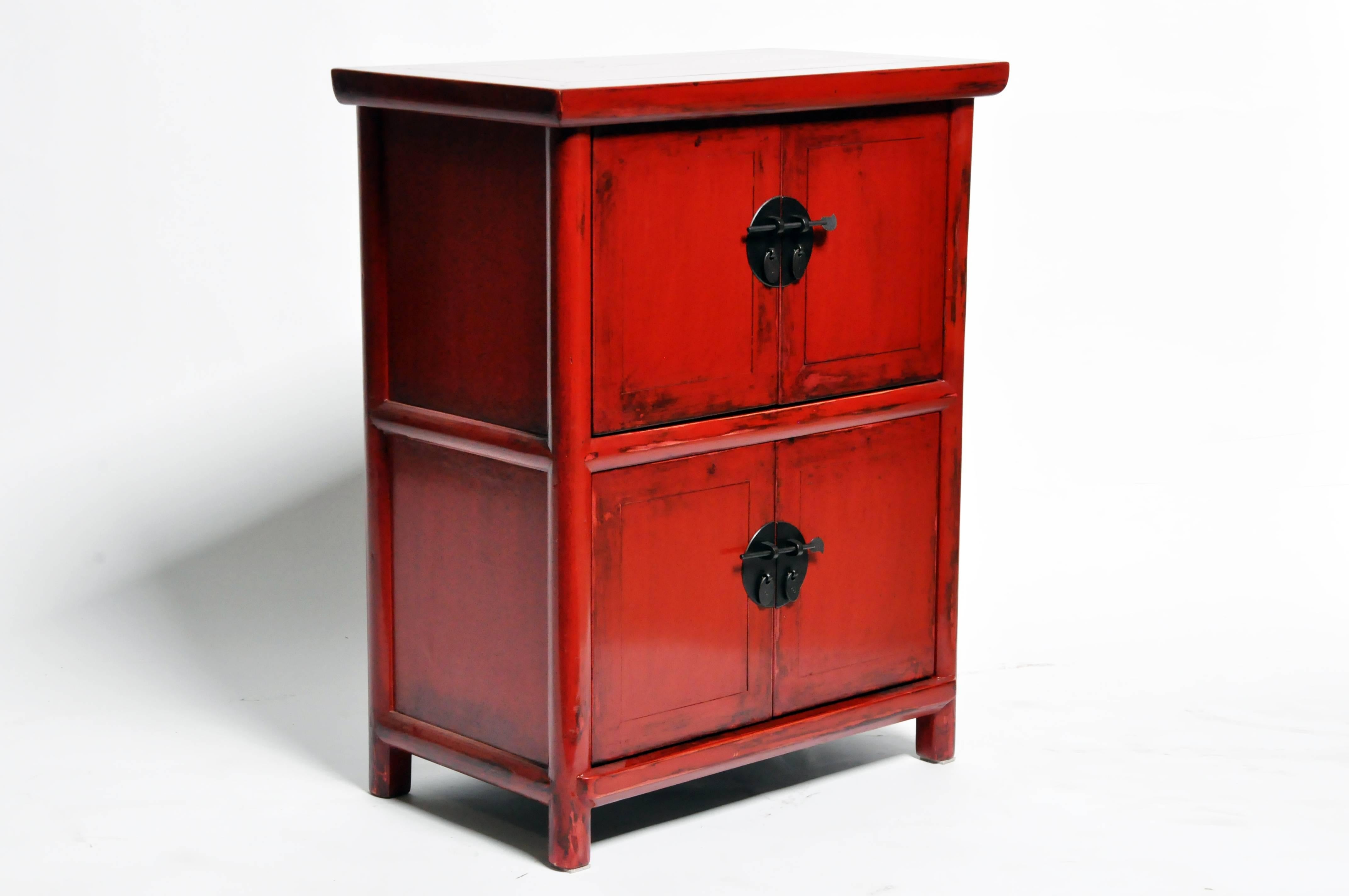 Red Lacquered Chinese Side Chests with Two Shelves 4