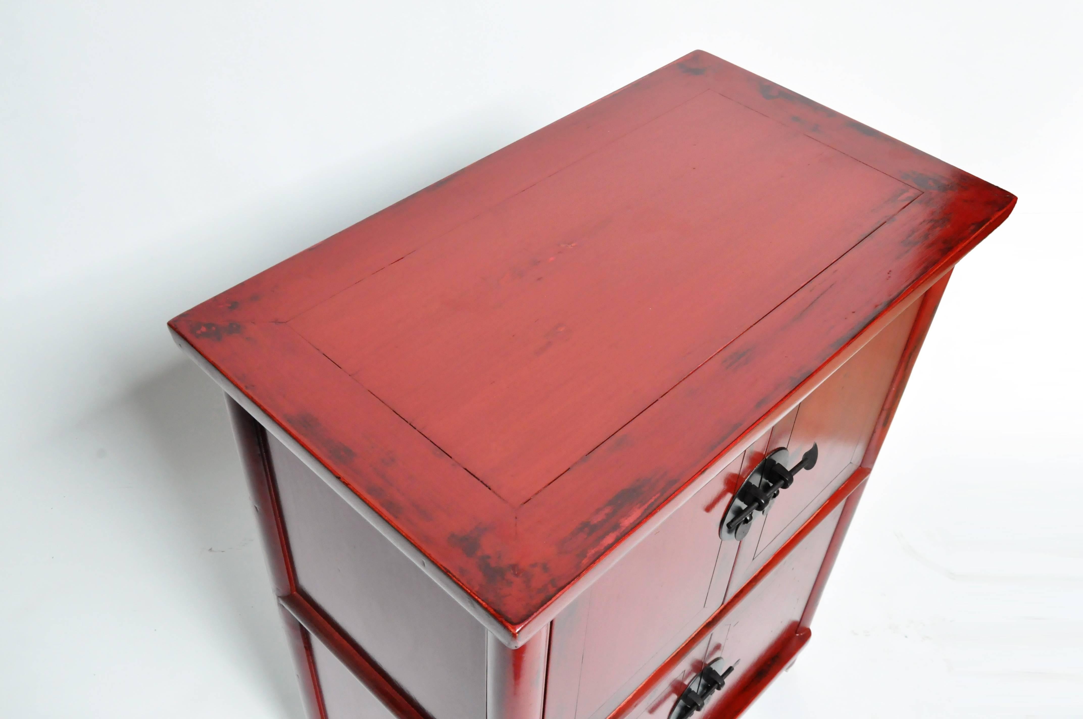 Red Lacquered Chinese Side Chests with Two Shelves 5