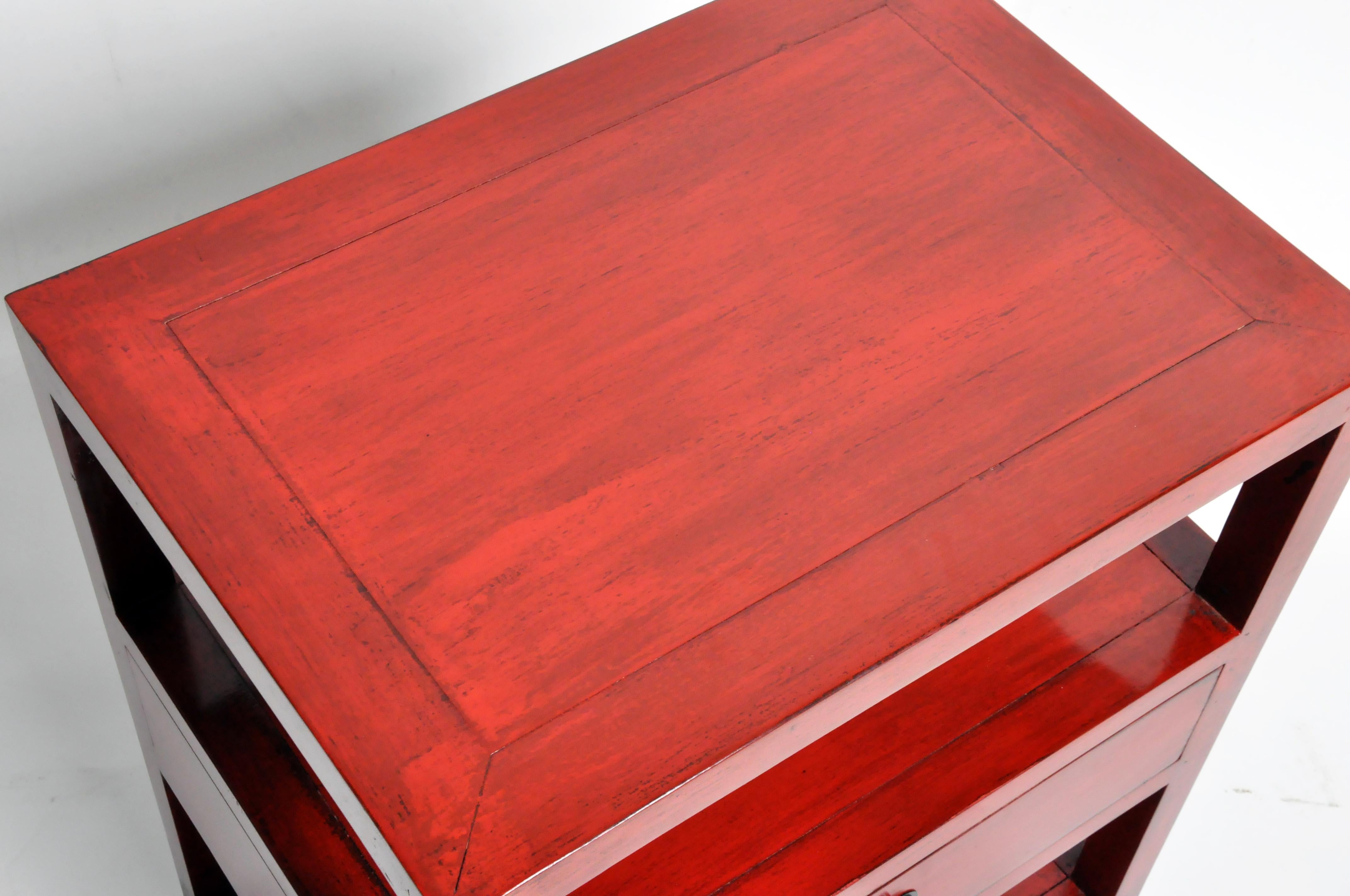 Pair of Red Lacquered Chinese Side Tables with a Drawer 5
