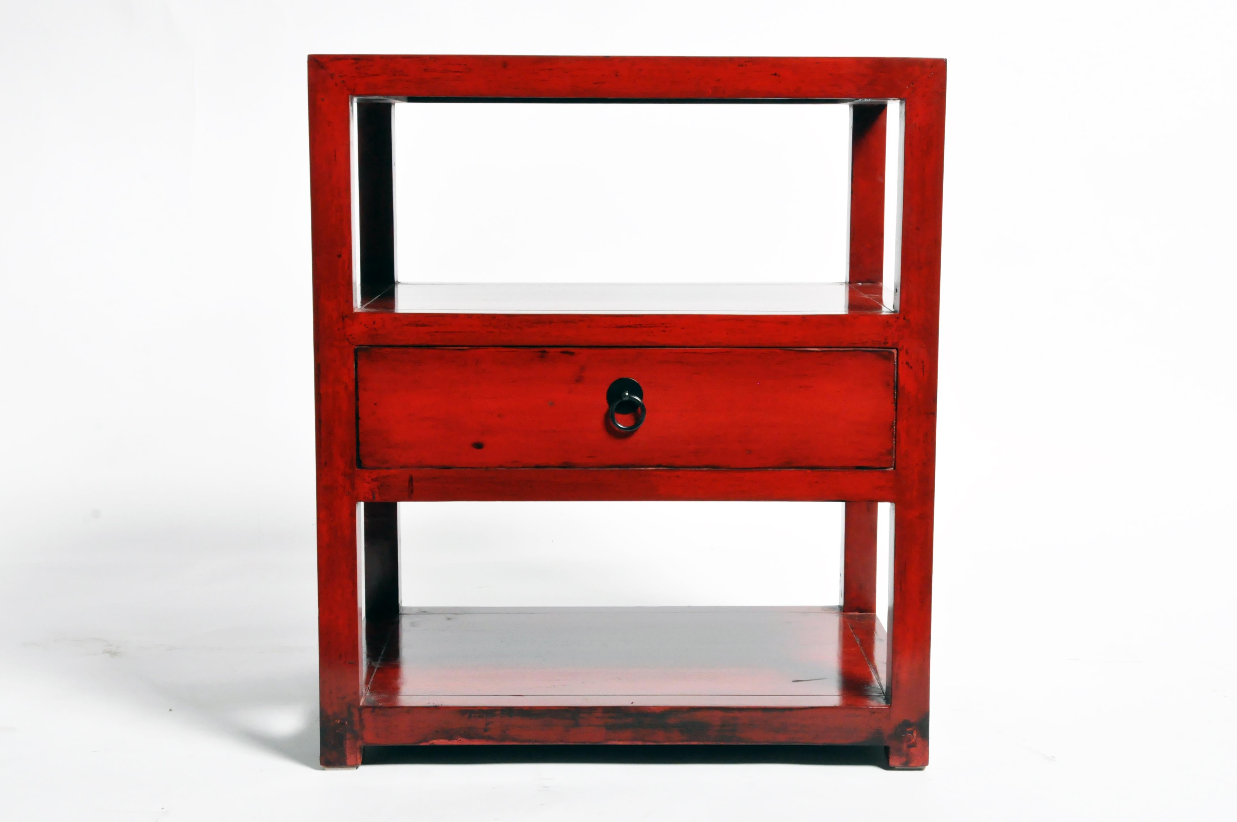 Pair of Red Lacquered Chinese Side Tables with a Drawer In Good Condition In Chicago, IL
