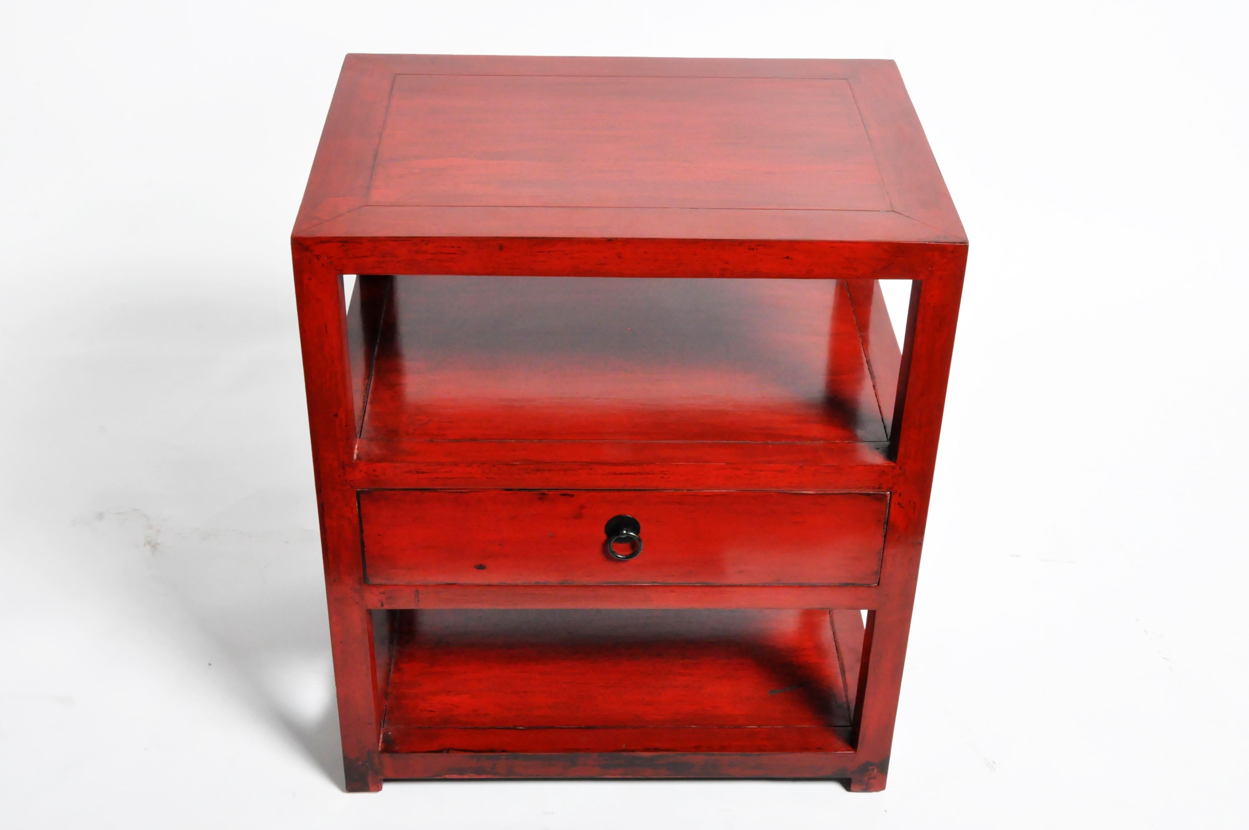Contemporary Pair of Red Lacquered Chinese Side Tables with a Drawer