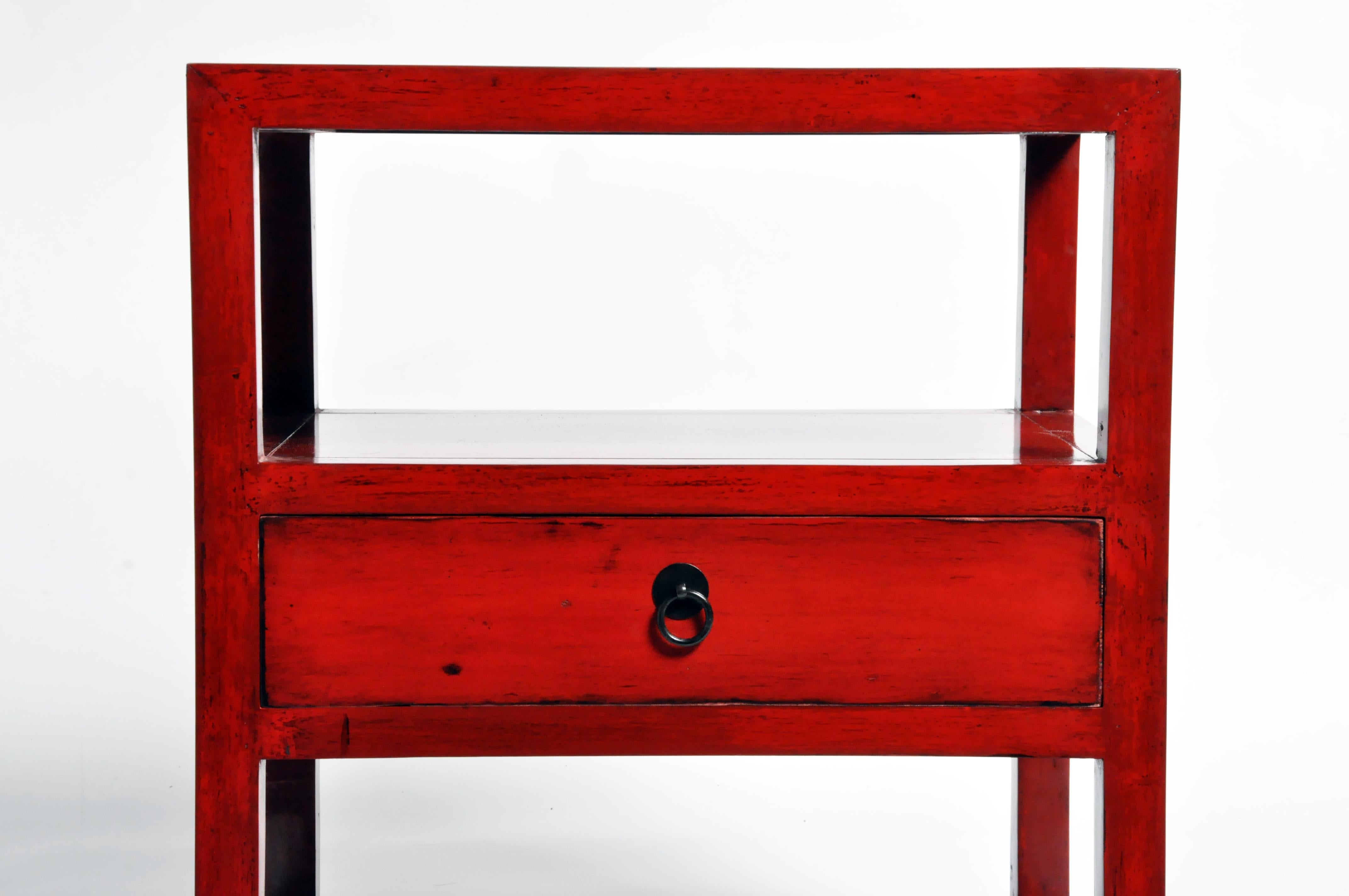 Elm Pair of Red Lacquered Chinese Side Tables with a Drawer