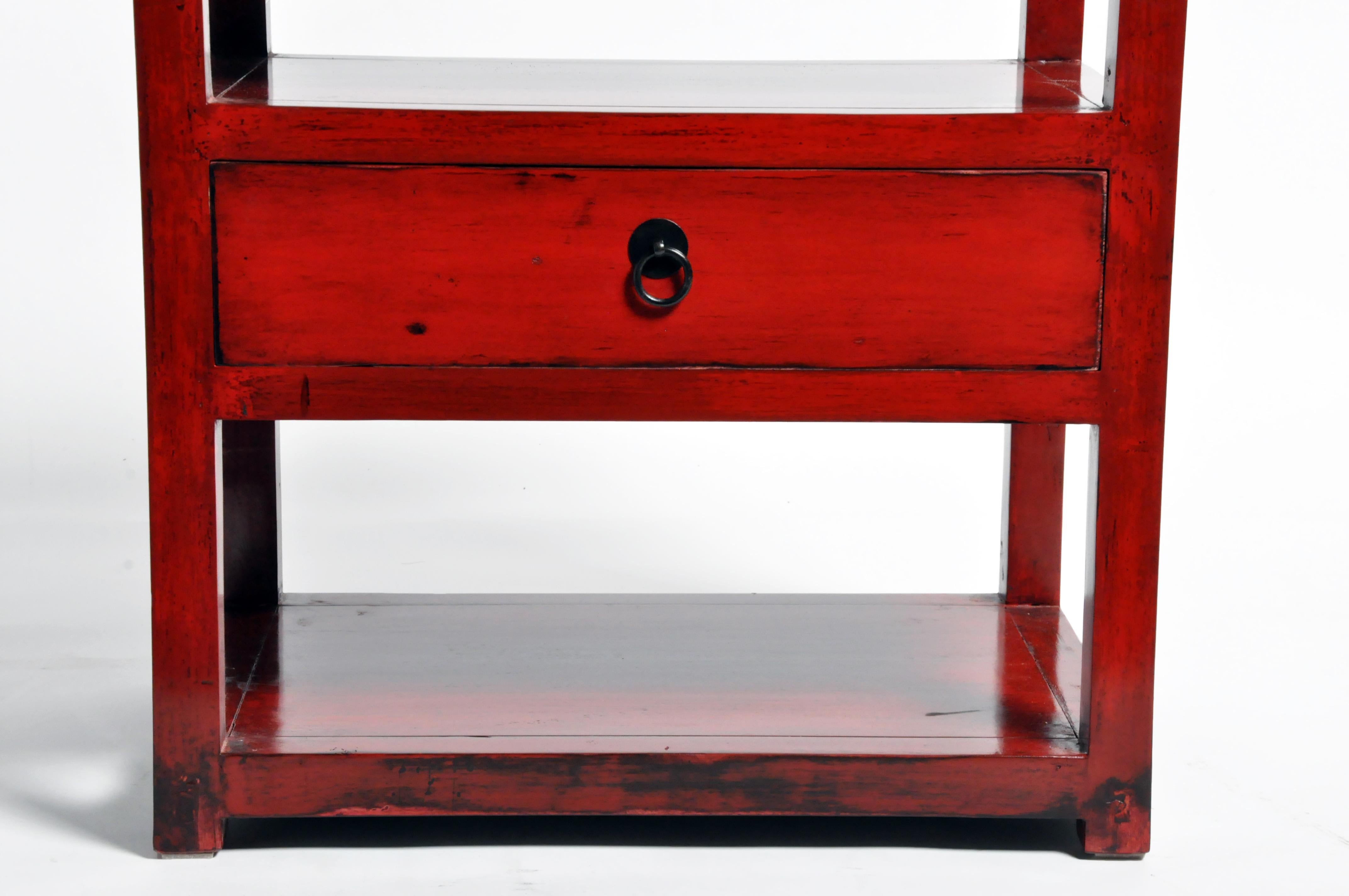 Pair of Red Lacquered Chinese Side Tables with a Drawer 1