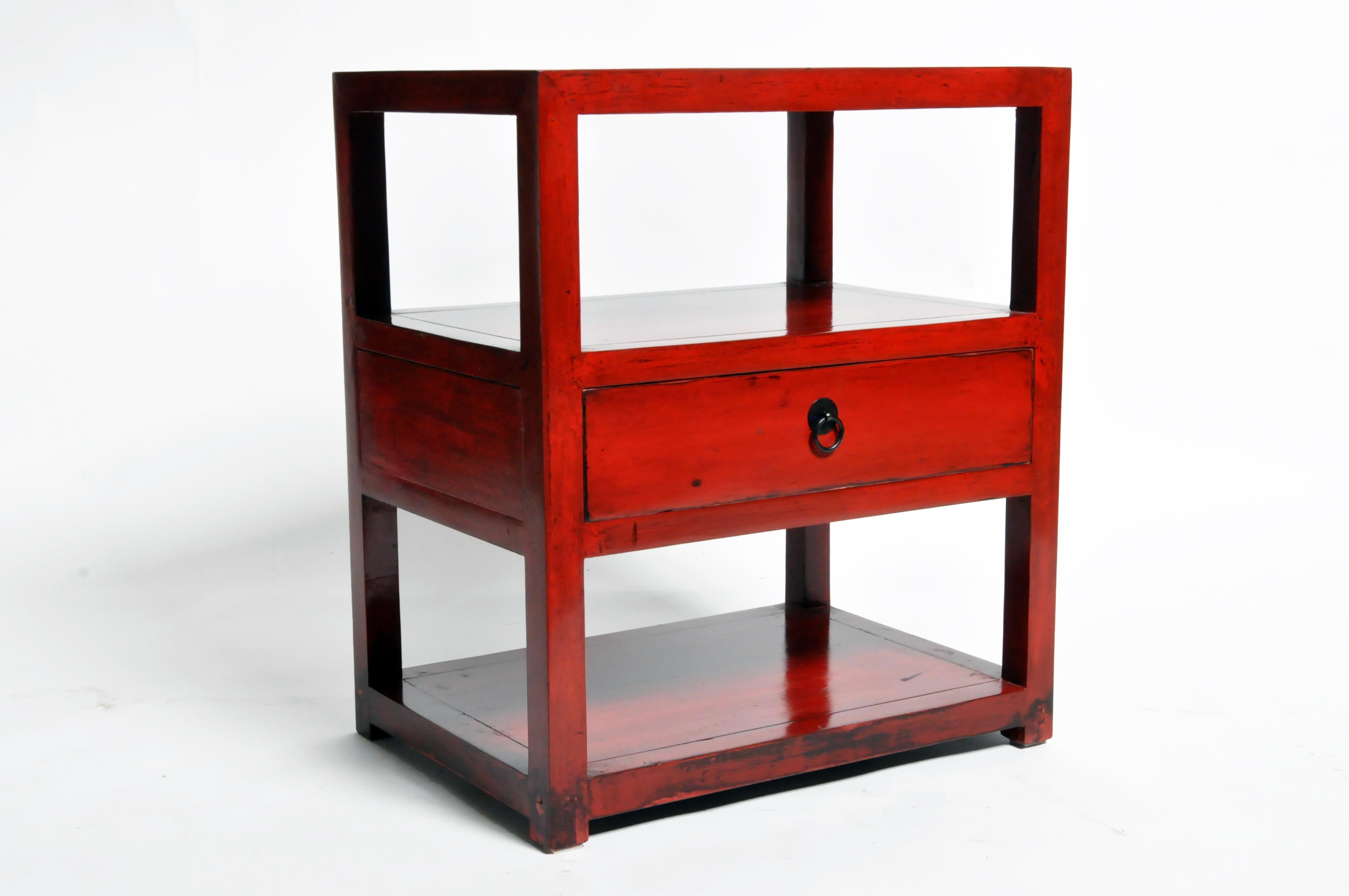 Pair of Red Lacquered Chinese Side Tables with a Drawer 2