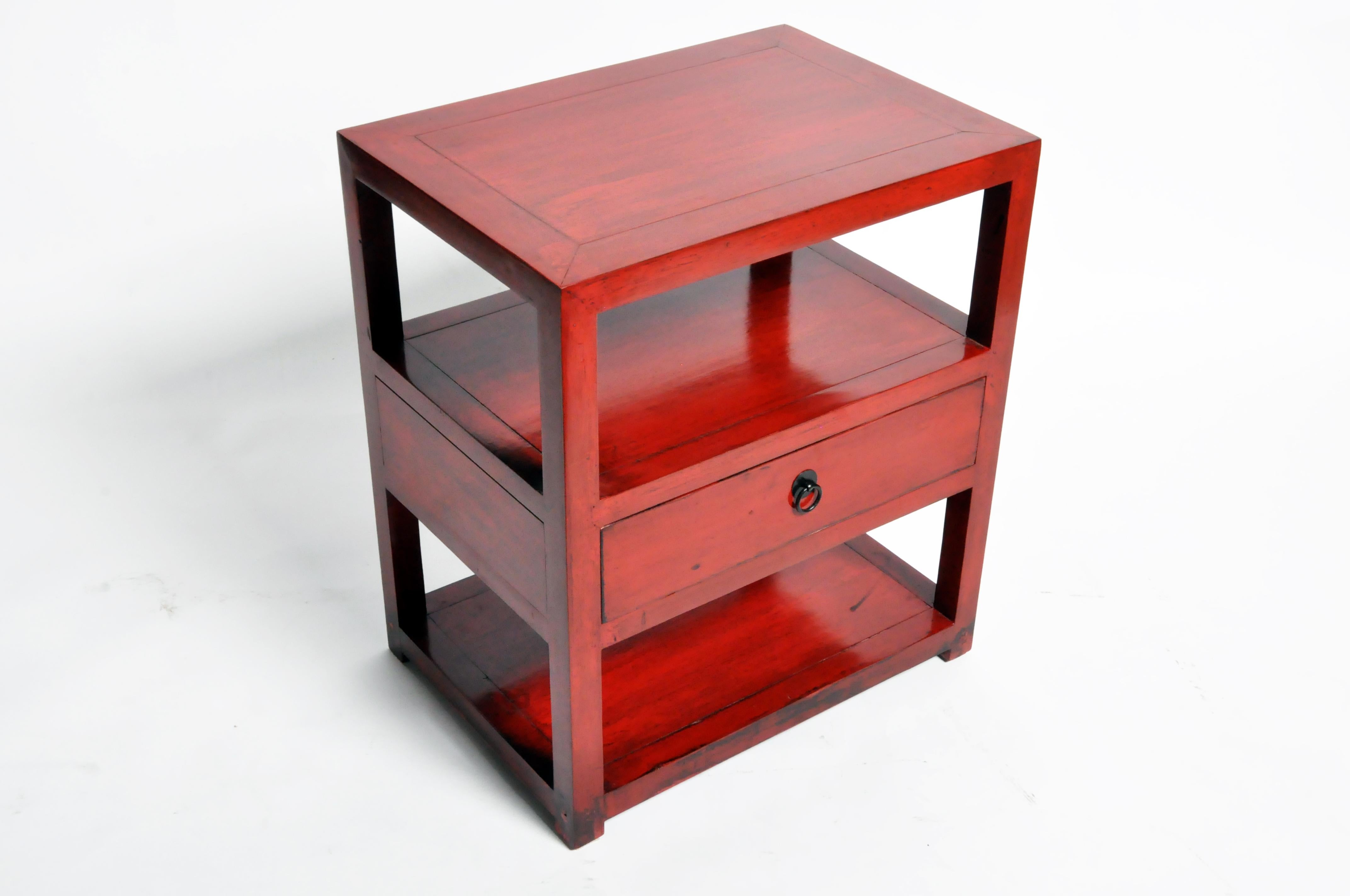 Pair of Red Lacquered Chinese Side Tables with a Drawer 3