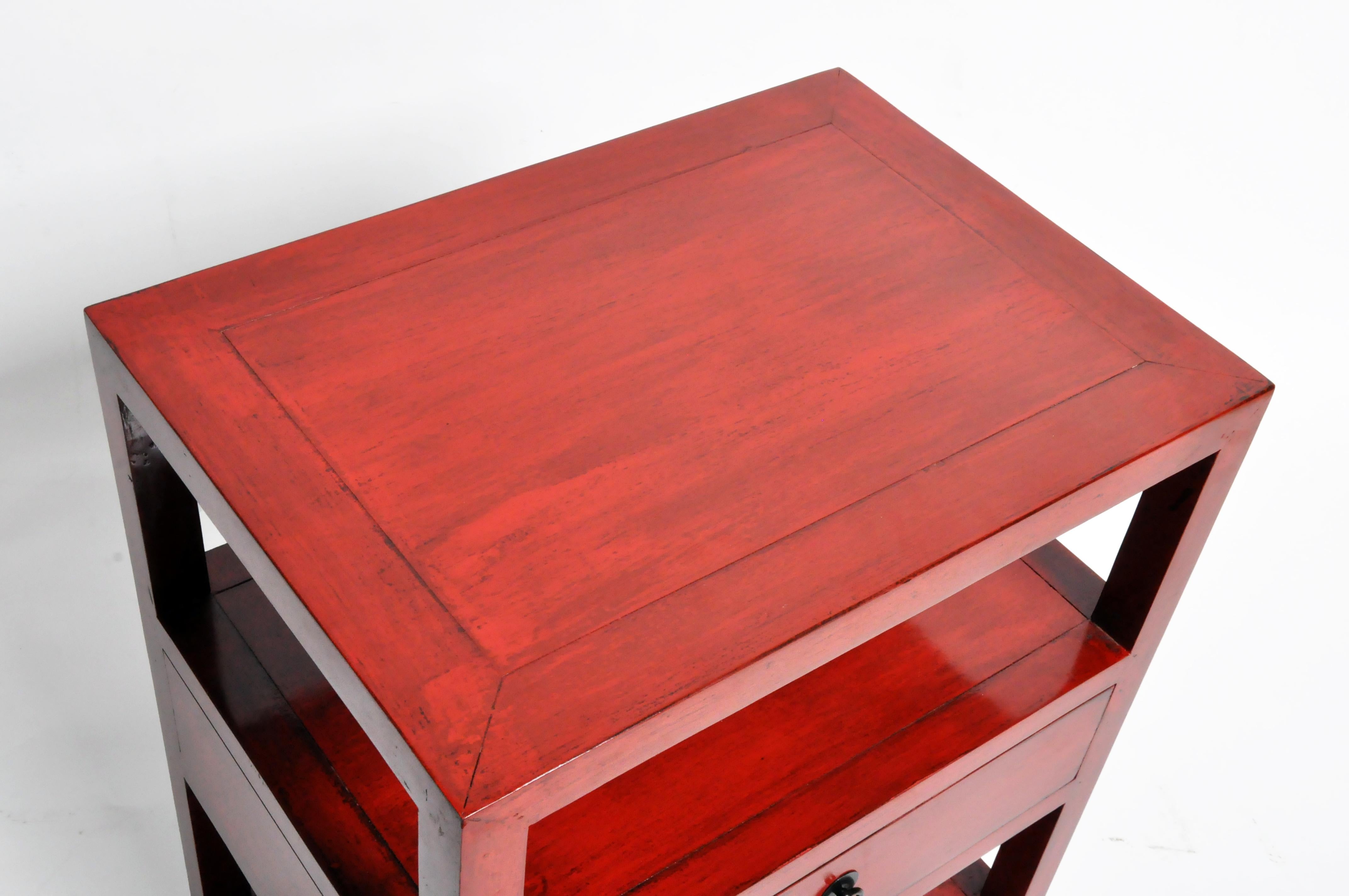Pair of Red Lacquered Chinese Side Tables with a Drawer 4