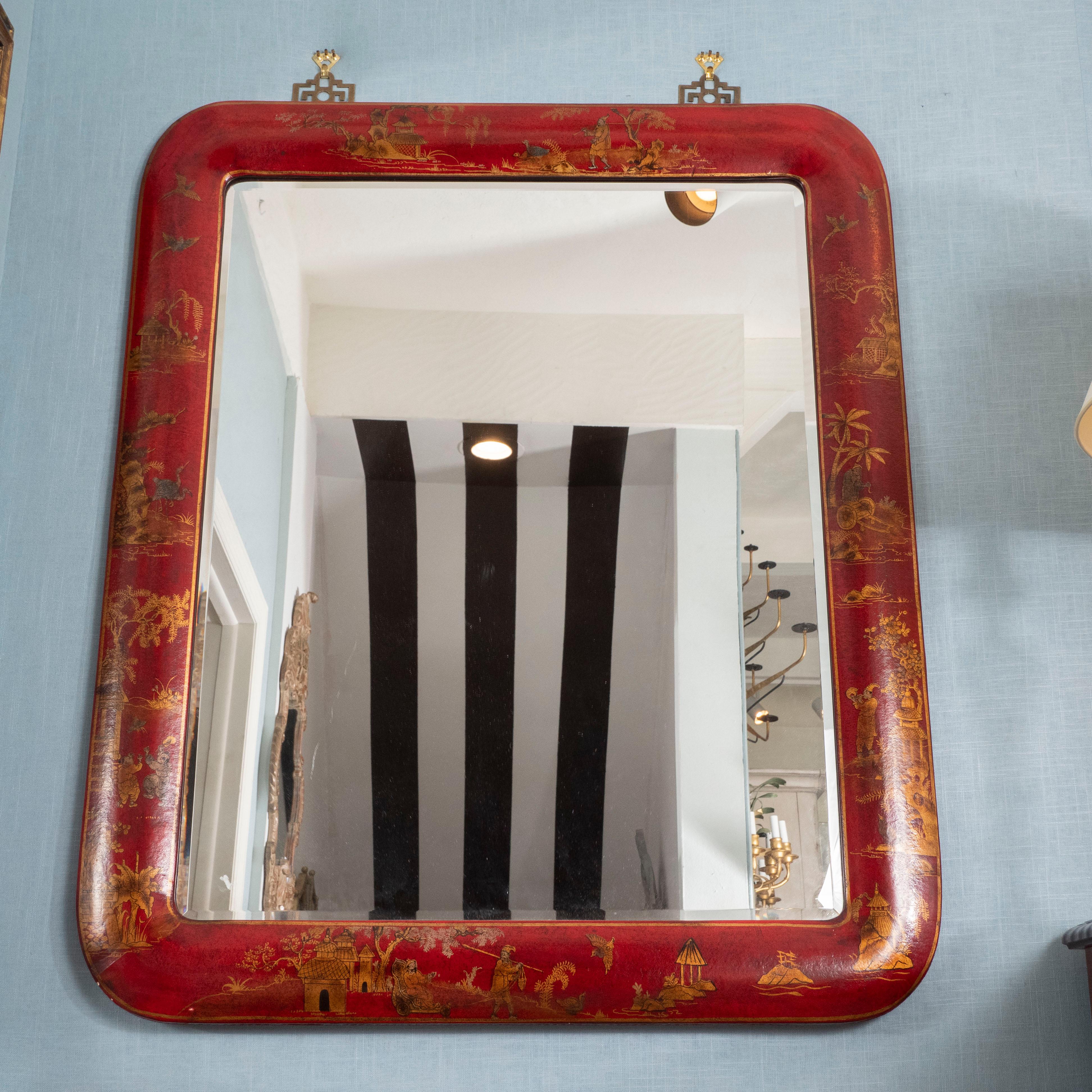 Late 20th Century Pair of Red Lacquered Chinoiserie Mirrors