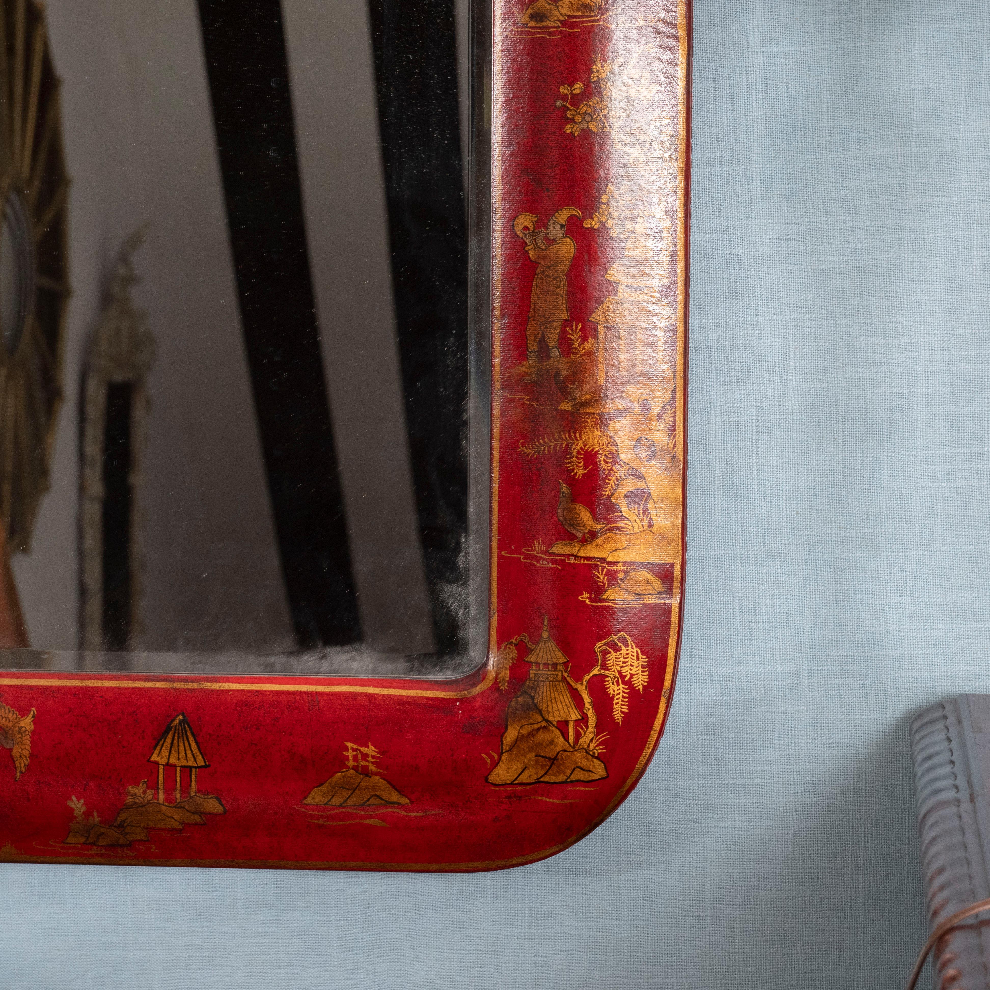 Pair of Red Lacquered Chinoiserie Mirrors 1