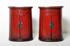 Pair of Red Lacquered Drum-Shaped Bedside Chests