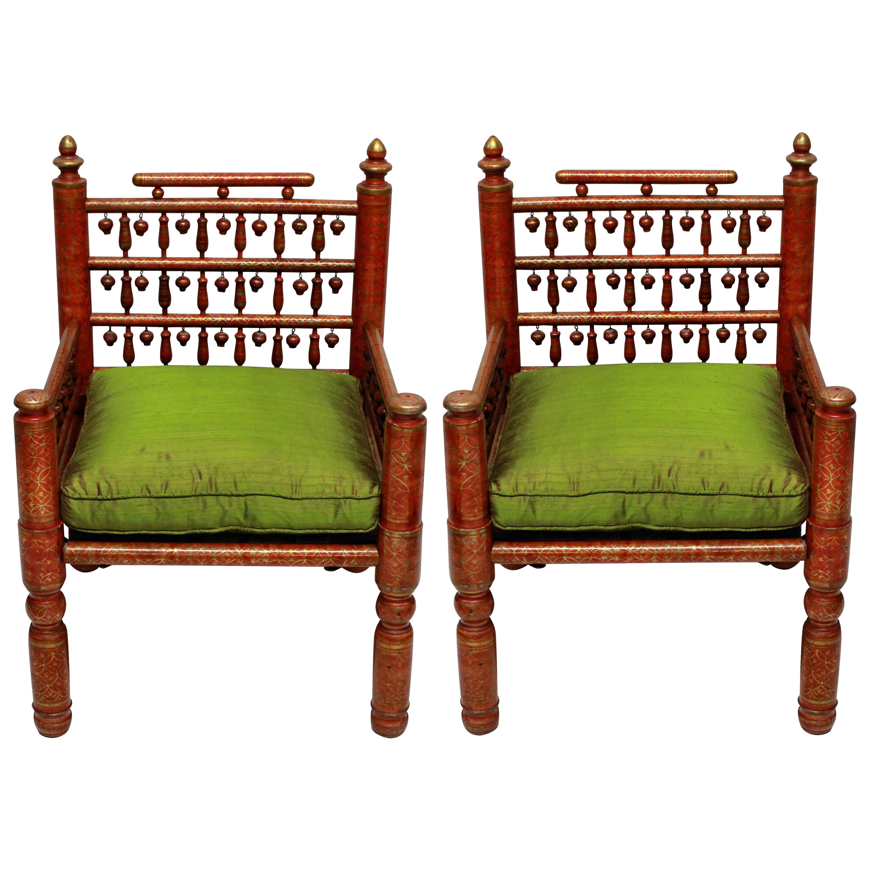 Pair of Red Lacquered Punjabi Chairs