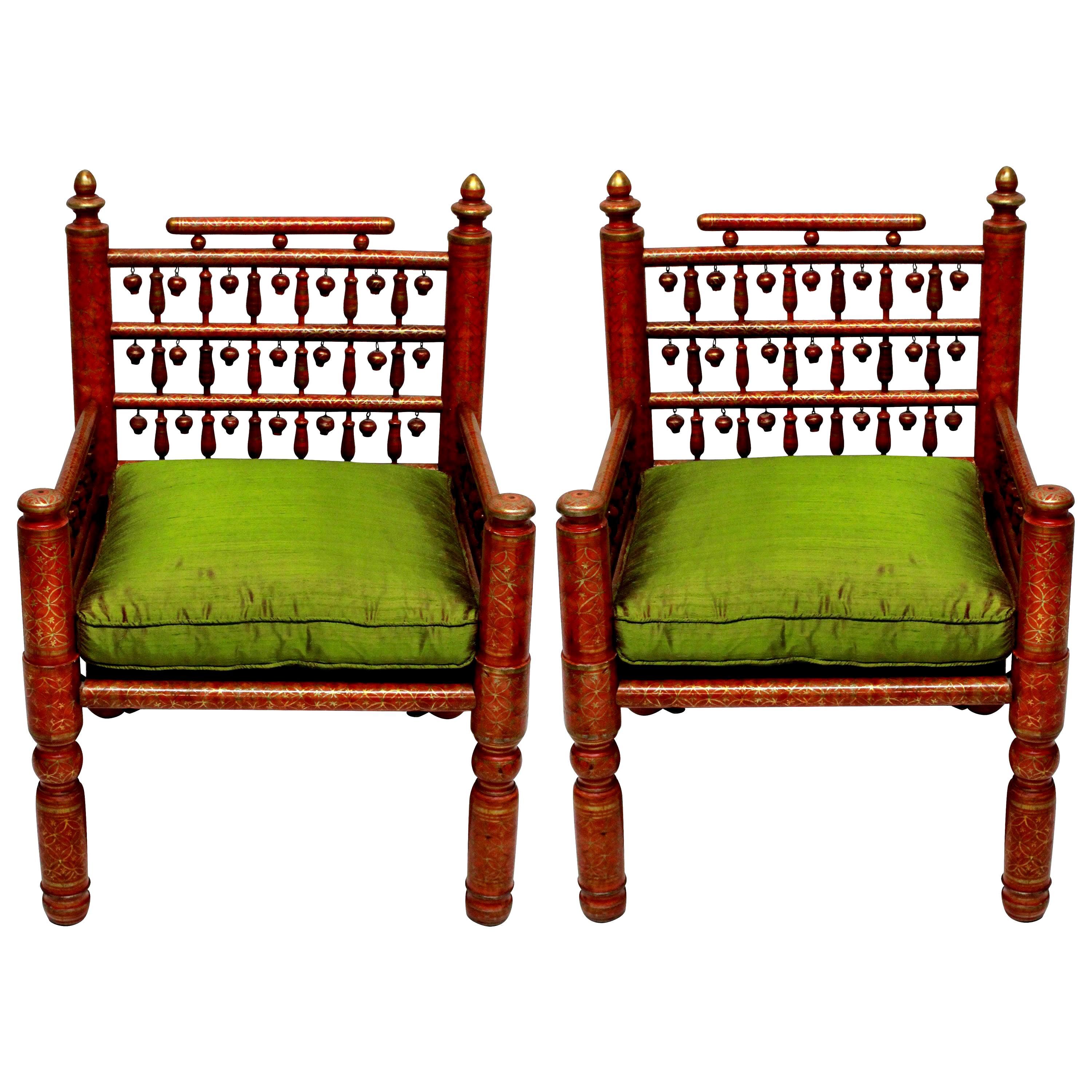 Pair of Red Lacquered Punjabi Chairs