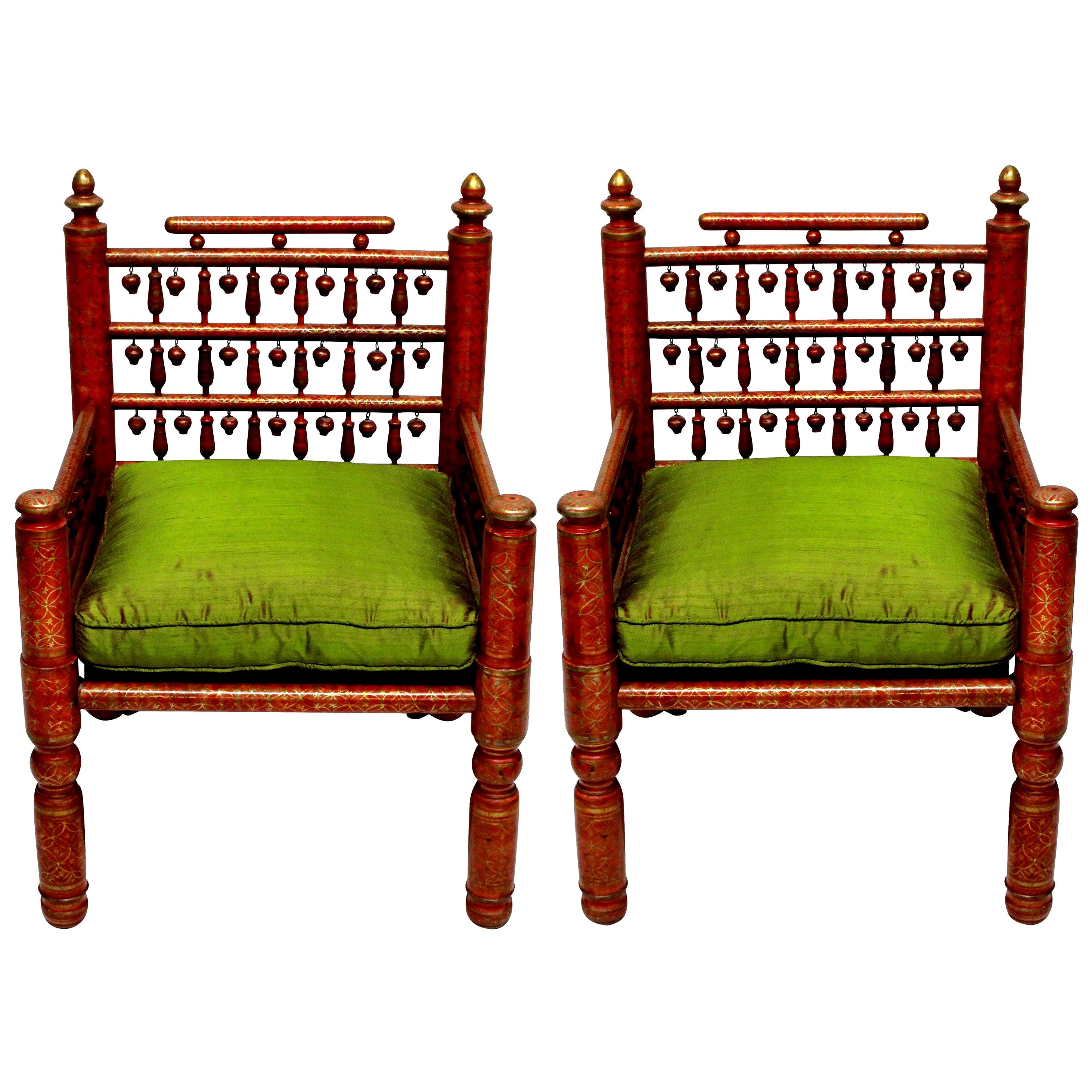 Pair of Red Lacquered Punjabi Chairs