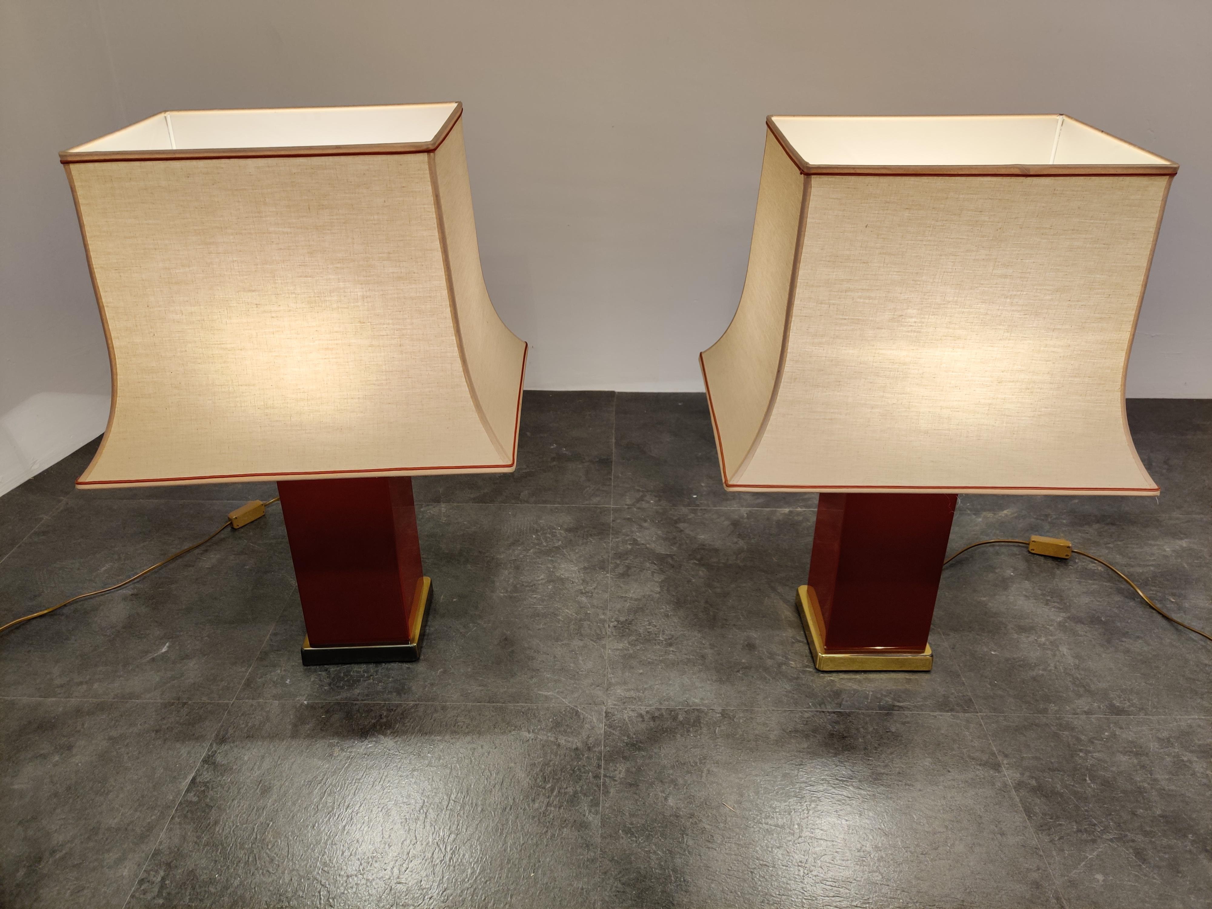 Hollywood Regency Pair of Red Lacquered Table Lamps, 1970s