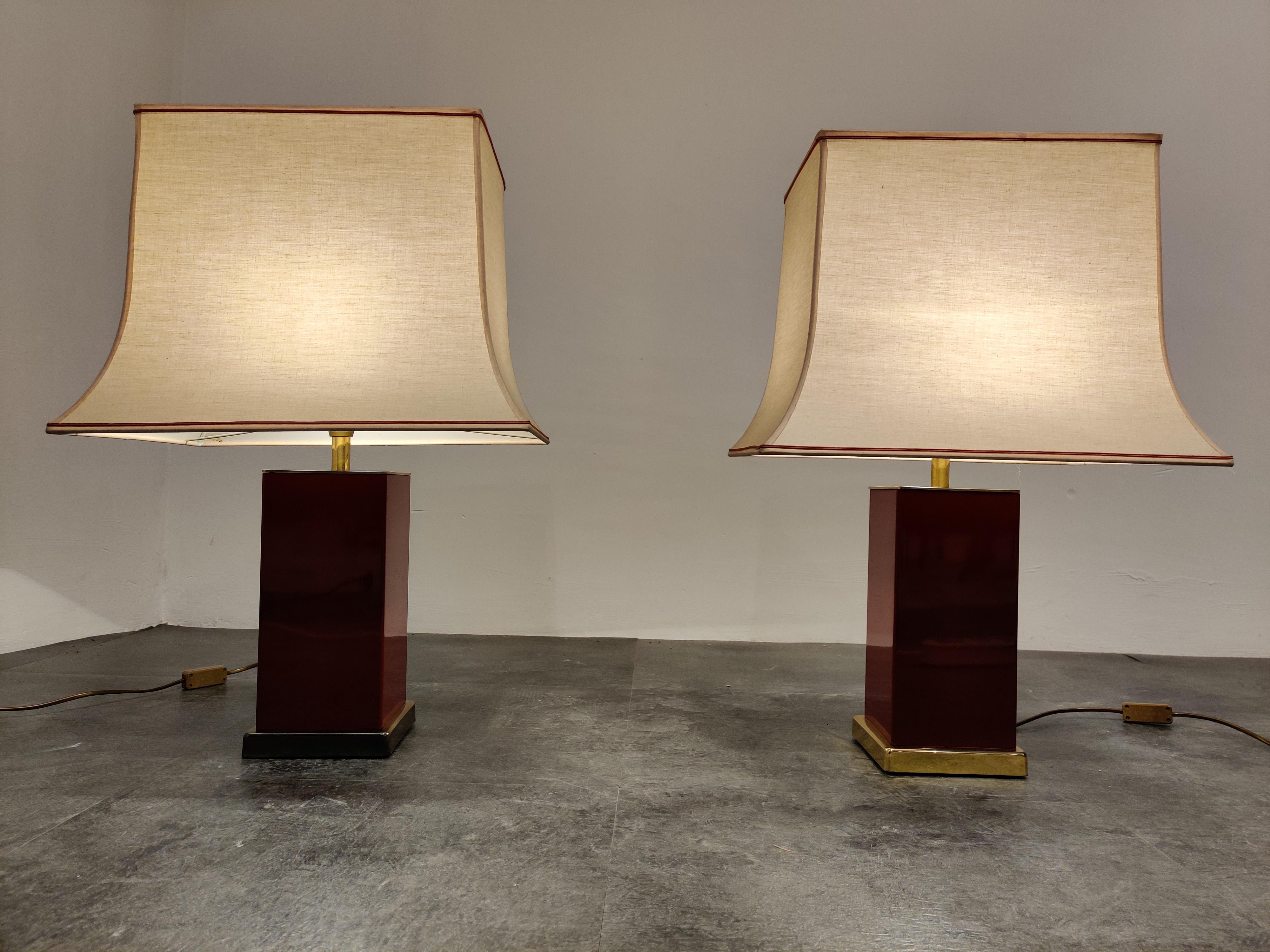 Brass Pair of Red Lacquered Table Lamps, 1970s