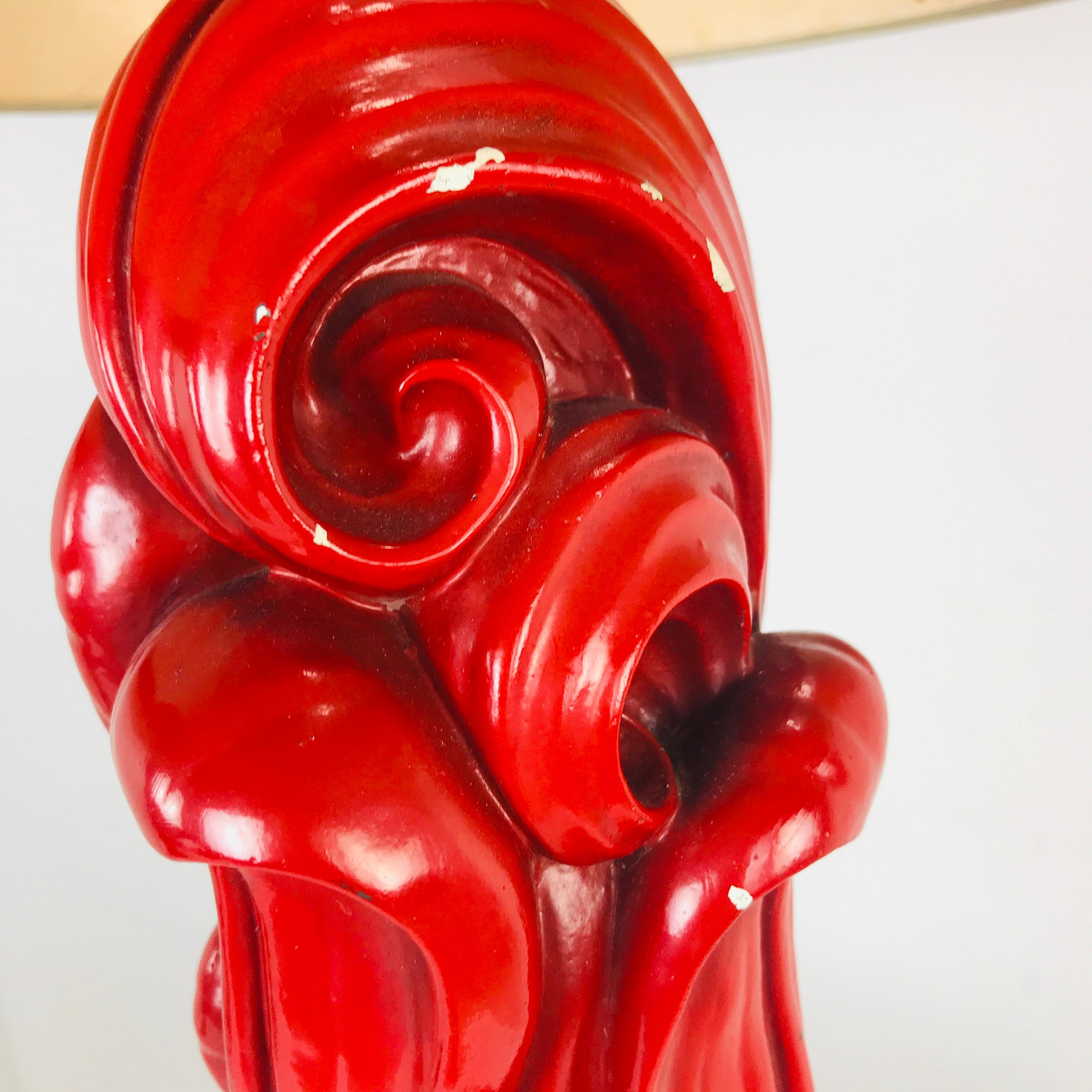 Mid-Century Modern Pair of Red Lacquered Dorothy Draper Lamps with Scroll Detail