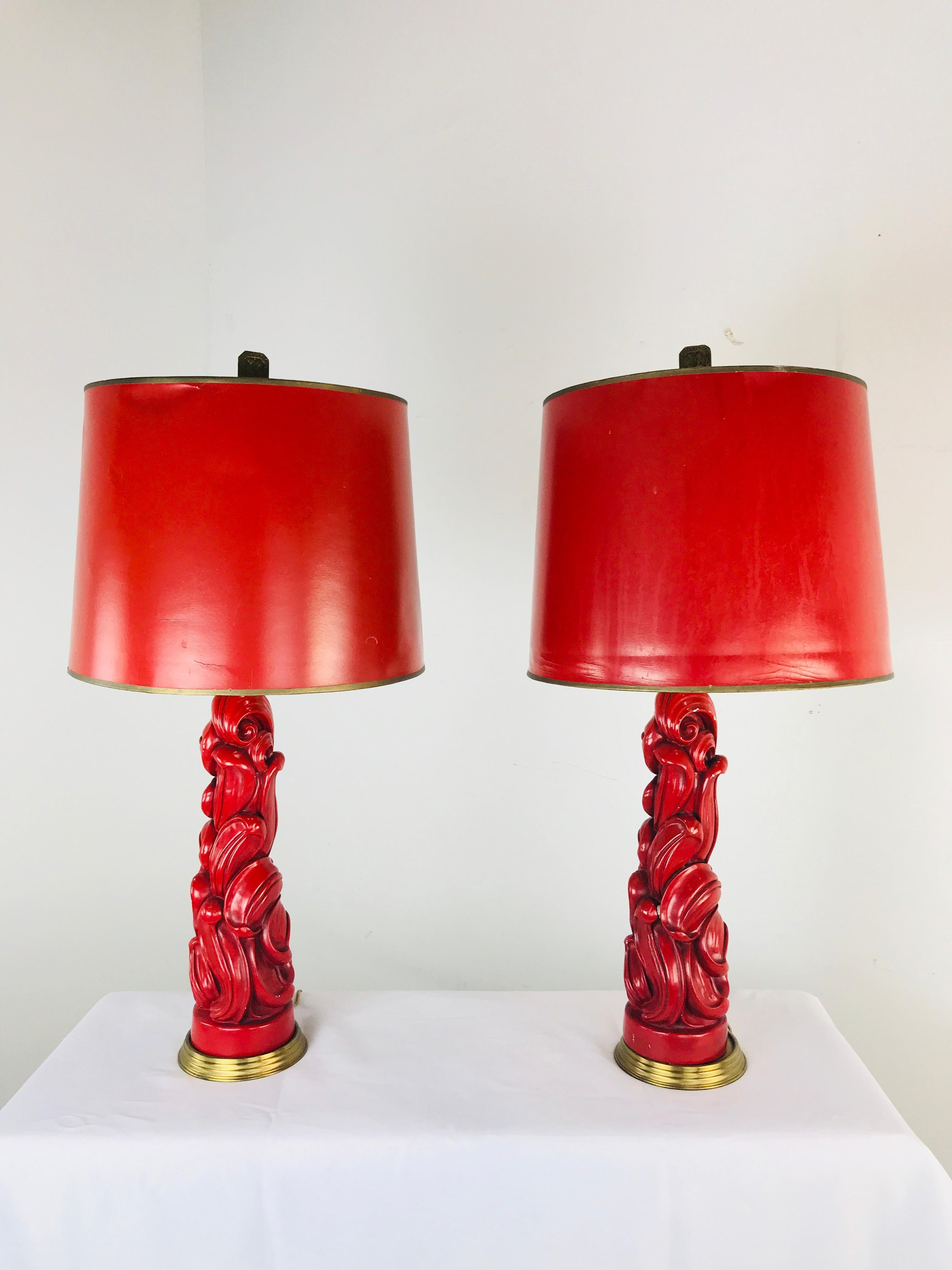 Mid-20th Century Pair of Red Lacquered Dorothy Draper Lamps with Scroll Detail