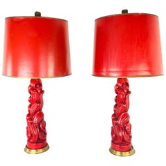 Pair of Red Lacquered Dorothy Draper Lamps with Scroll Detail