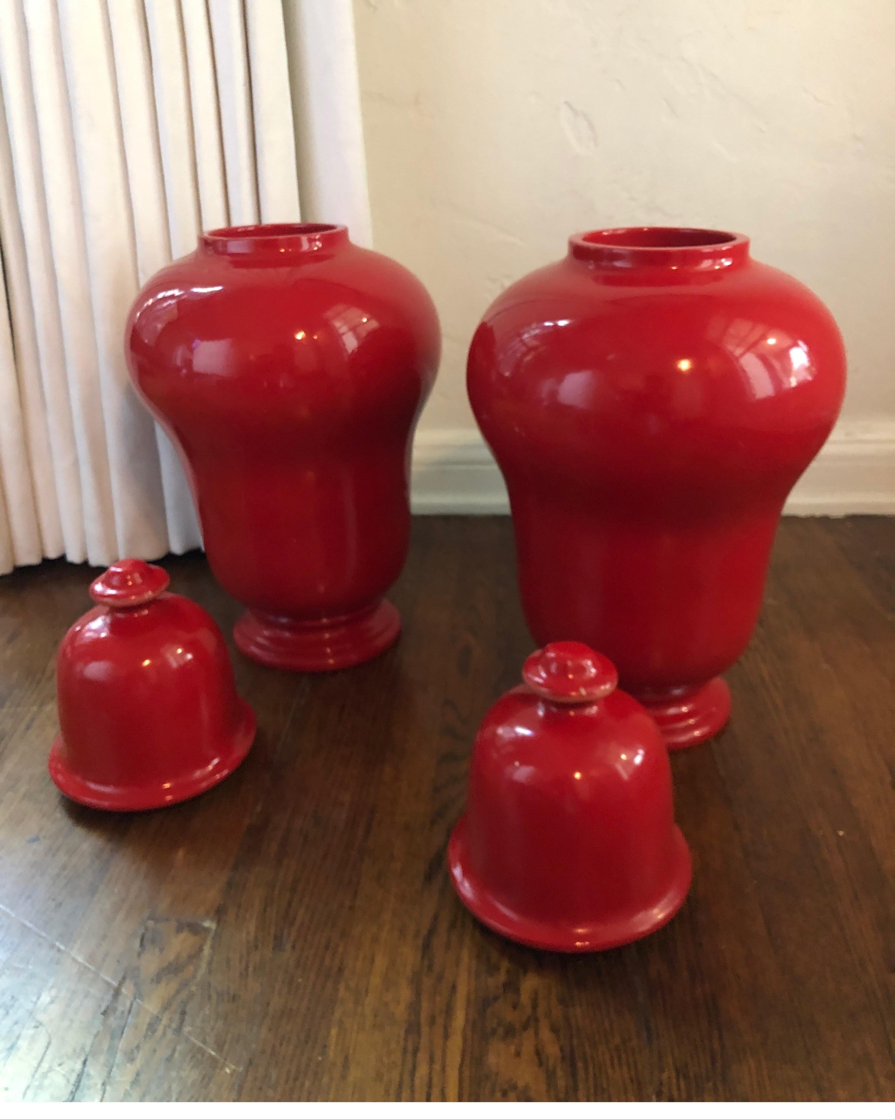 Pair of Red Laquer Ginger Jars/Urns, Baluster Jars 3
