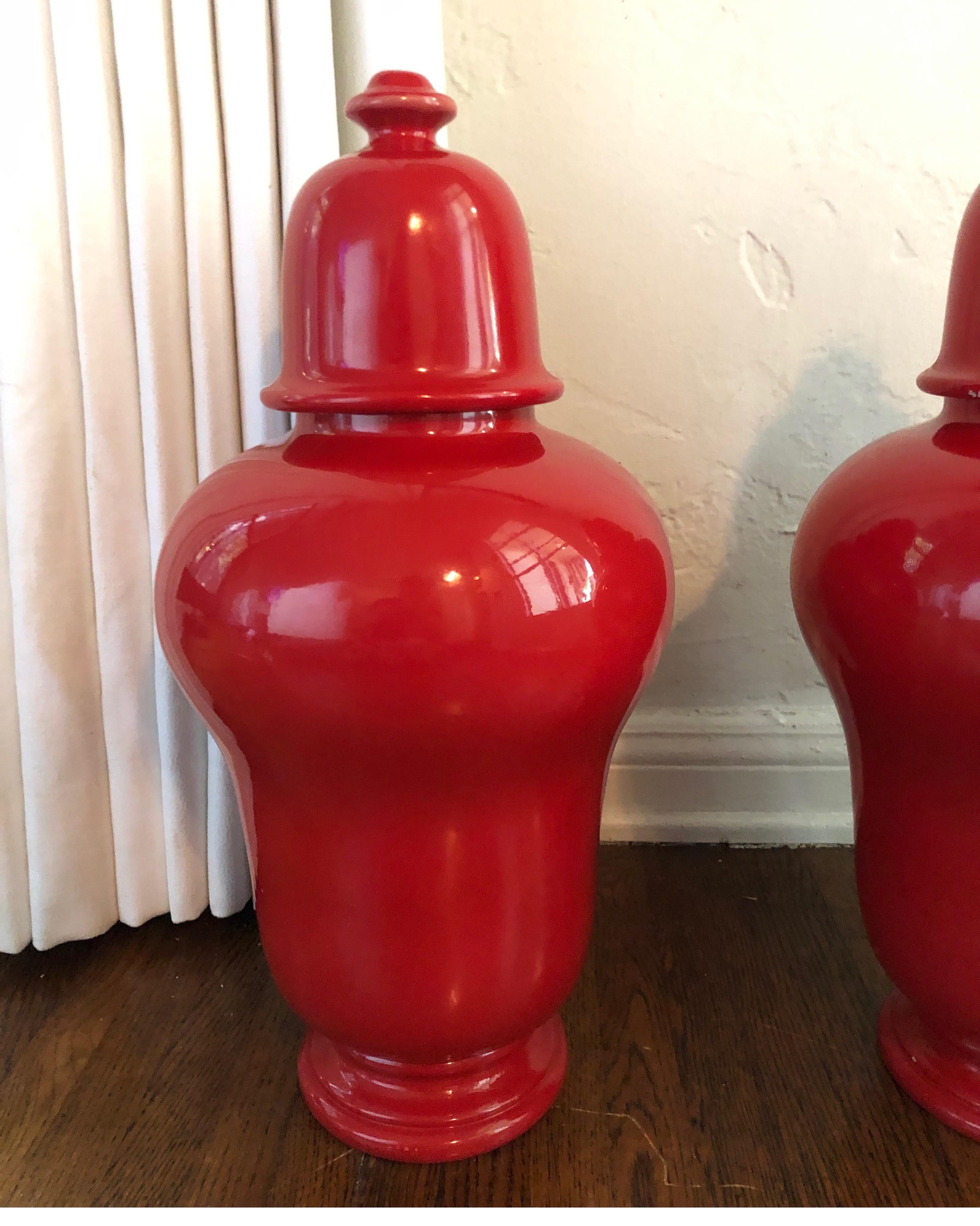 Hollywood Regency Pair of Red Laquer Ginger Jars/Urns, Baluster Jars
