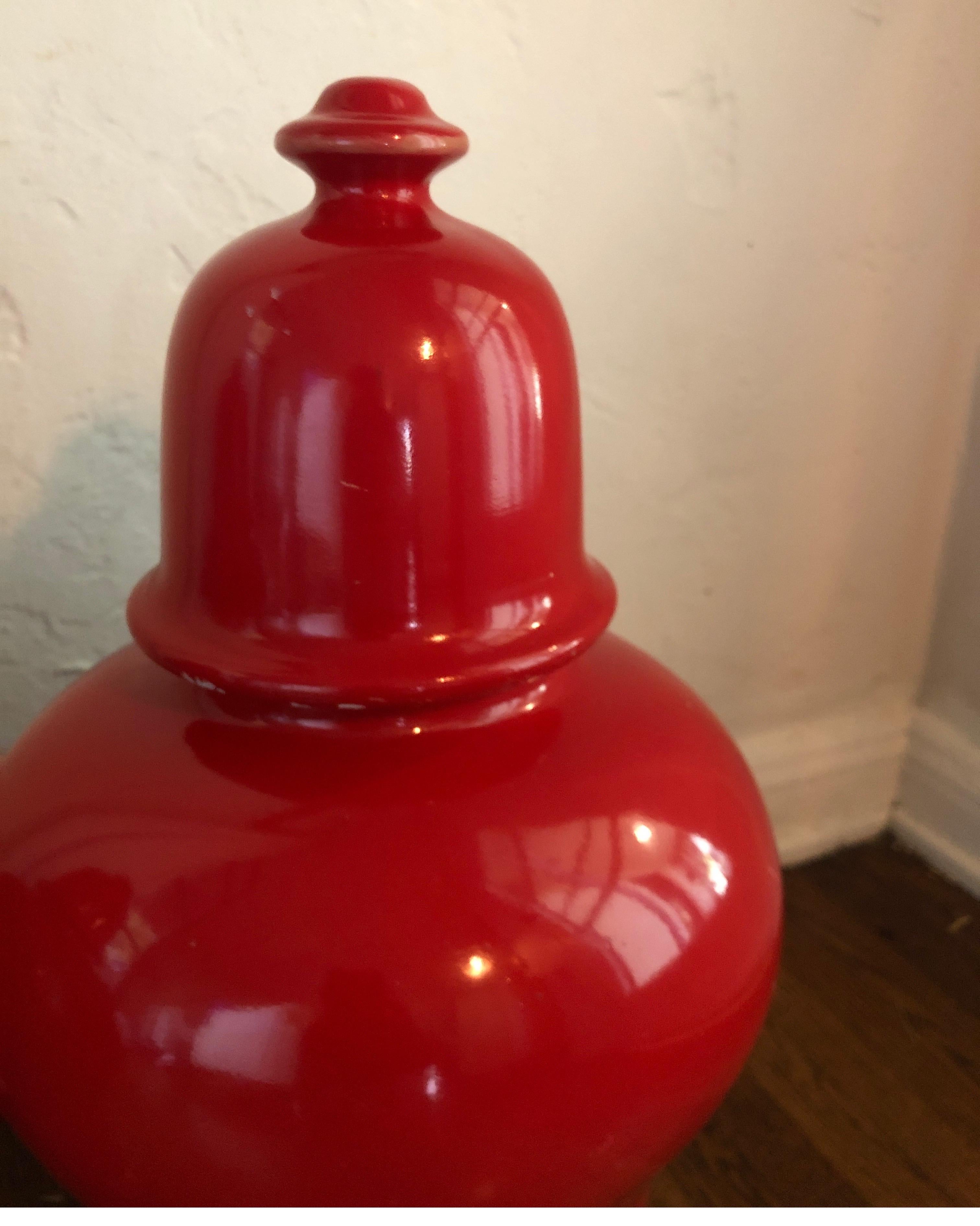 Chinese Pair of Red Laquer Ginger Jars/Urns, Baluster Jars