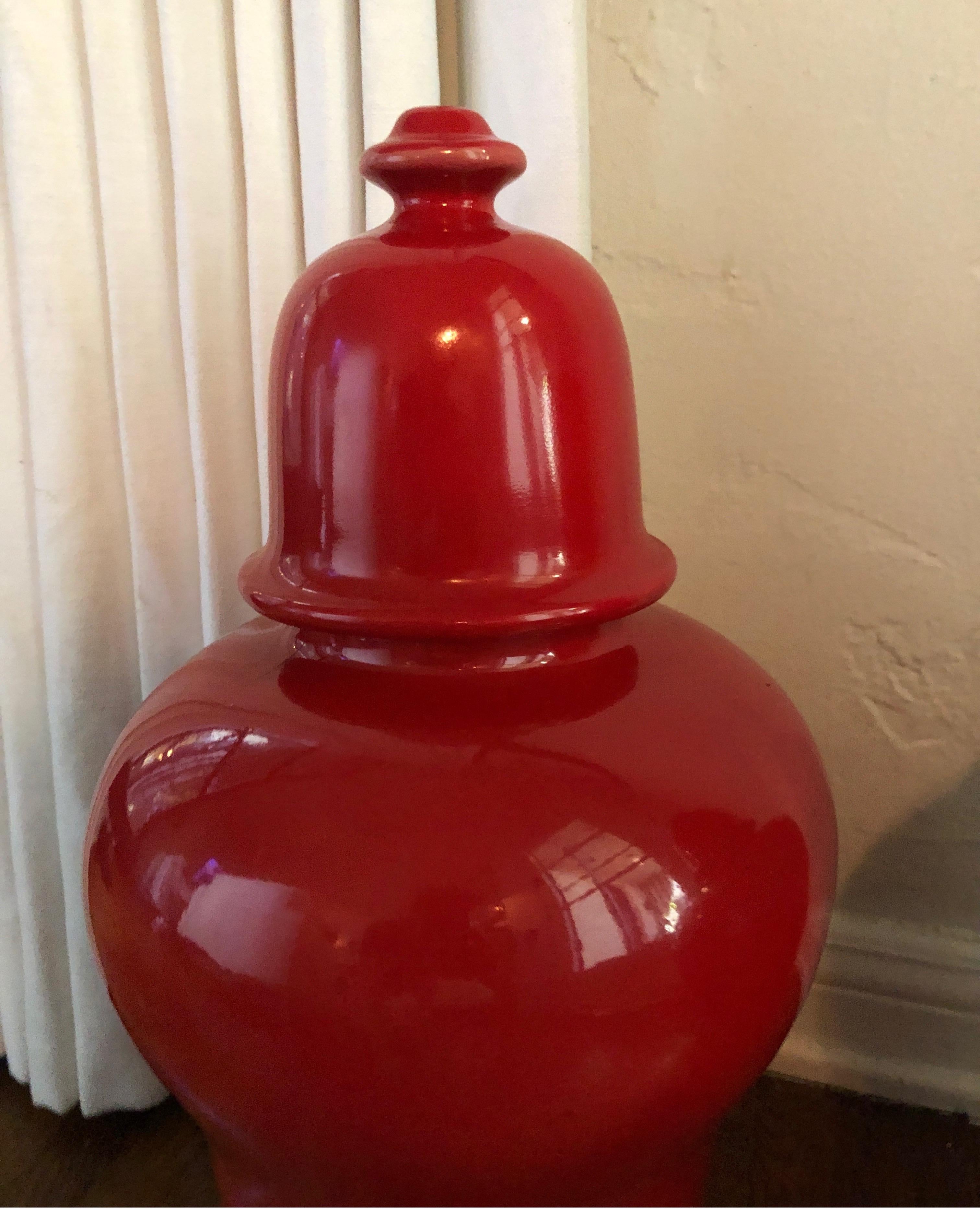 Lacquered Pair of Red Laquer Ginger Jars/Urns, Baluster Jars