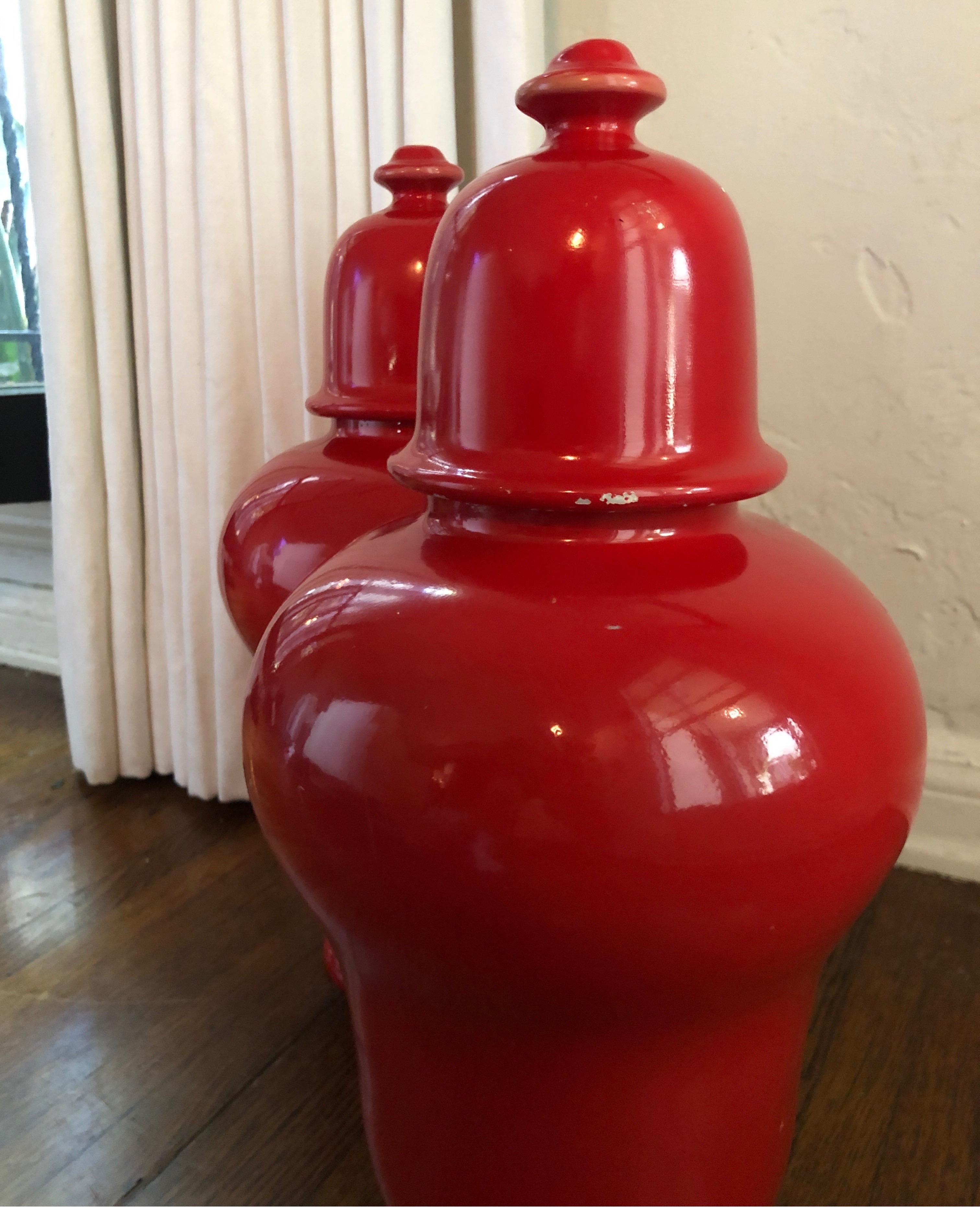 20th Century Pair of Red Laquer Ginger Jars/Urns, Baluster Jars