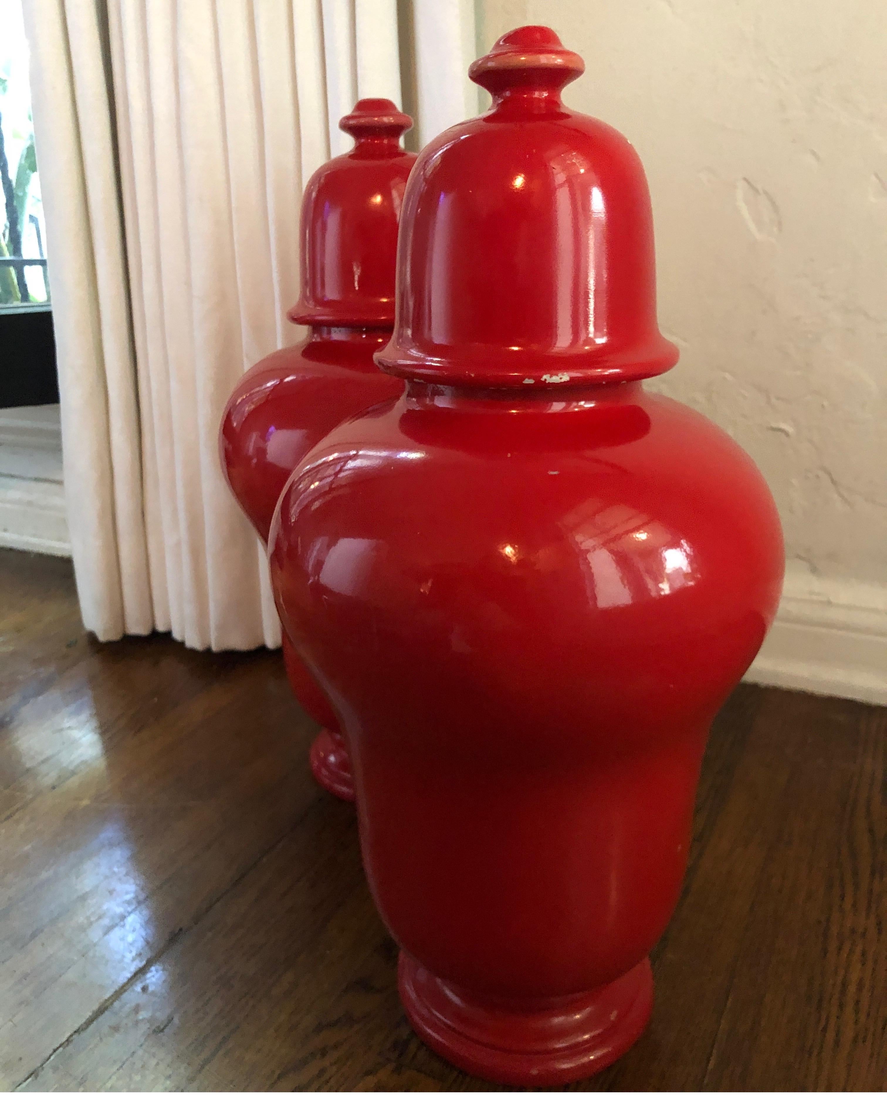 Ceramic Pair of Red Laquer Ginger Jars/Urns, Baluster Jars