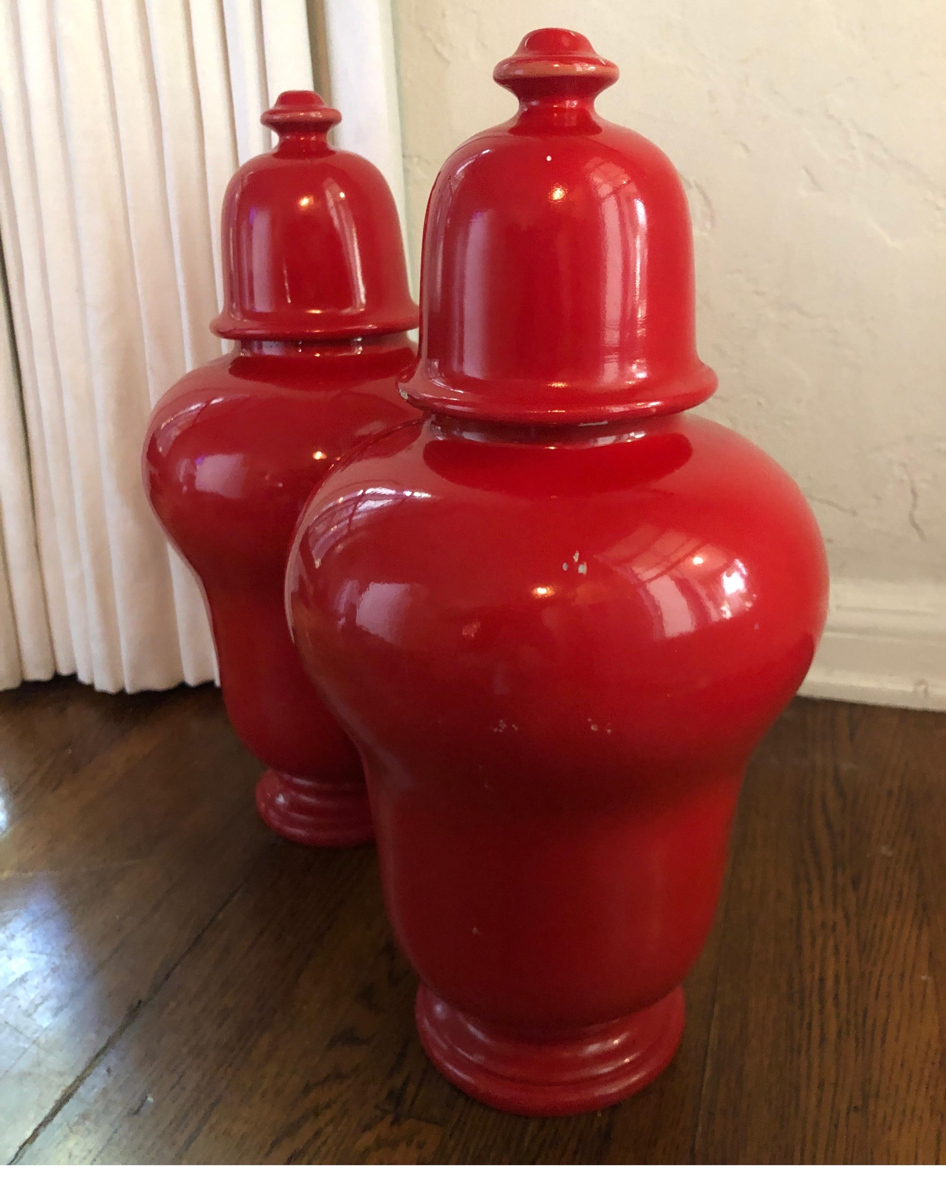 Pair of Red Laquer Ginger Jars/Urns, Baluster Jars 1