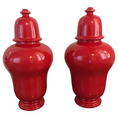 Pair of Red Laquer Ginger Jars/Urns, Baluster Jars