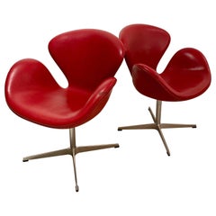 Pair of Red Leather Arne Jacobsen for Fritz Hansen Swan Chairs