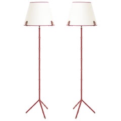 Pair of Red Leather Floor Lamps by Jacques Adnet