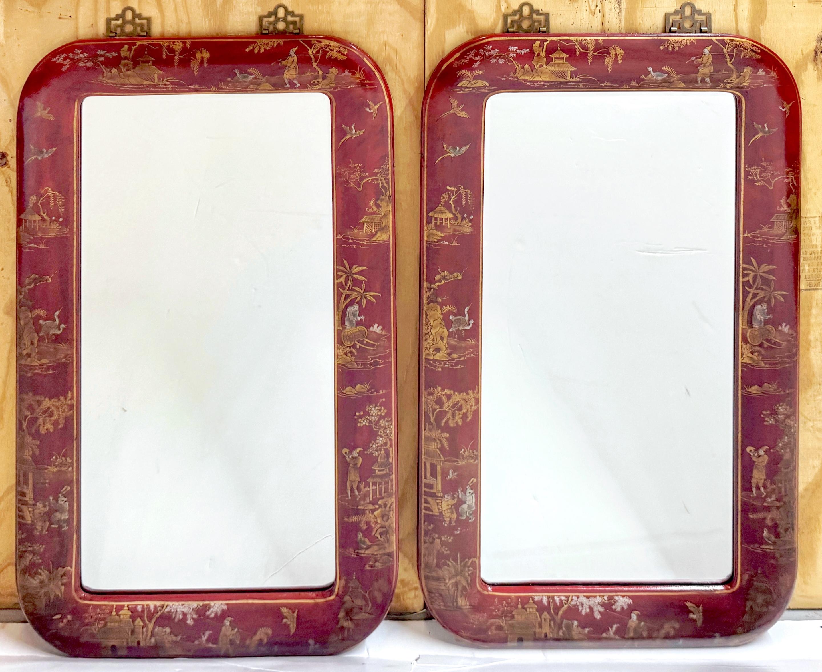Pair of Red Leather Gilt Decorated Chinoiserie Brass Mounted Mirrors 5