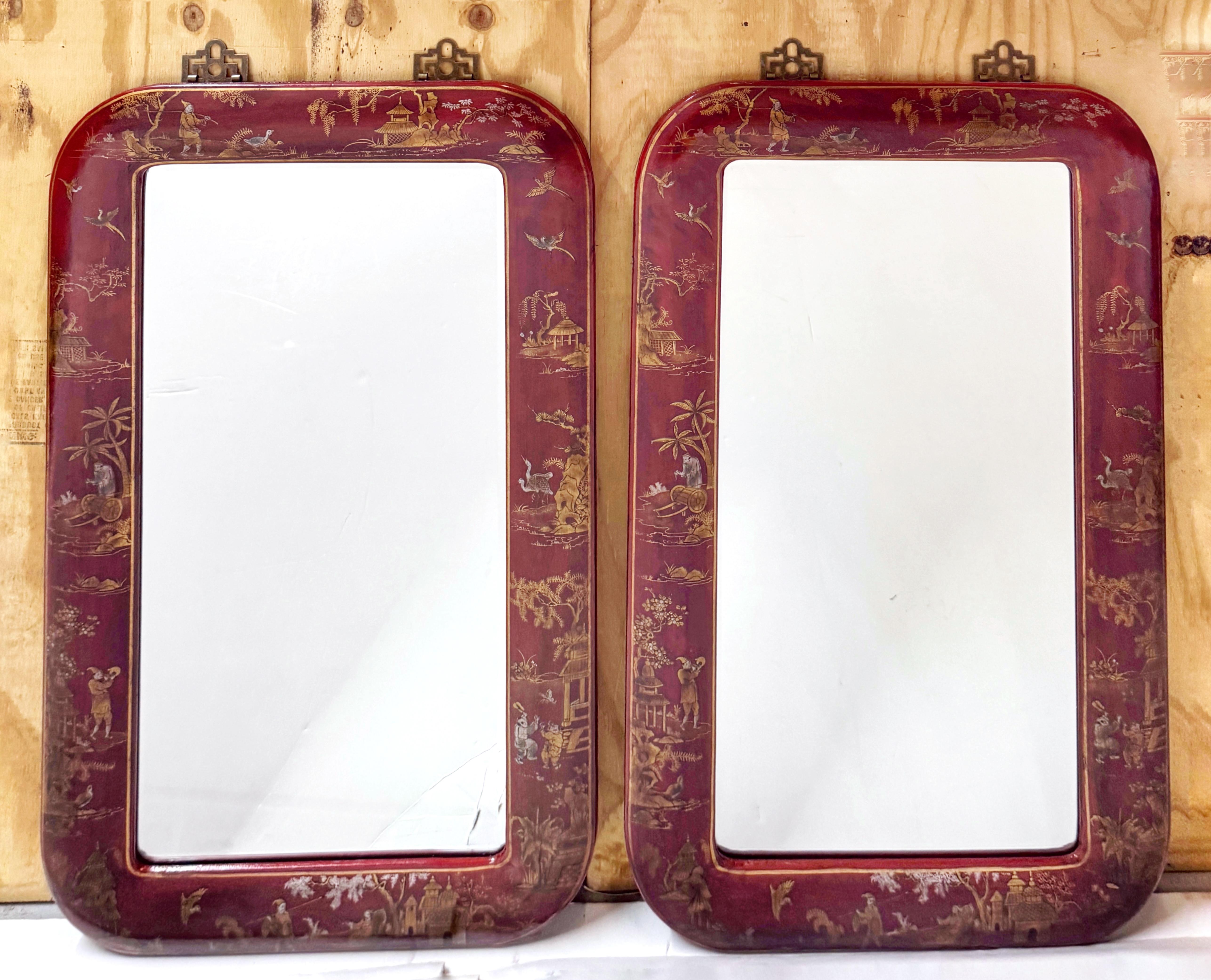 Pair of Red Leather Gilt Decorated Chinoiserie Brass Mounted Mirrors 6