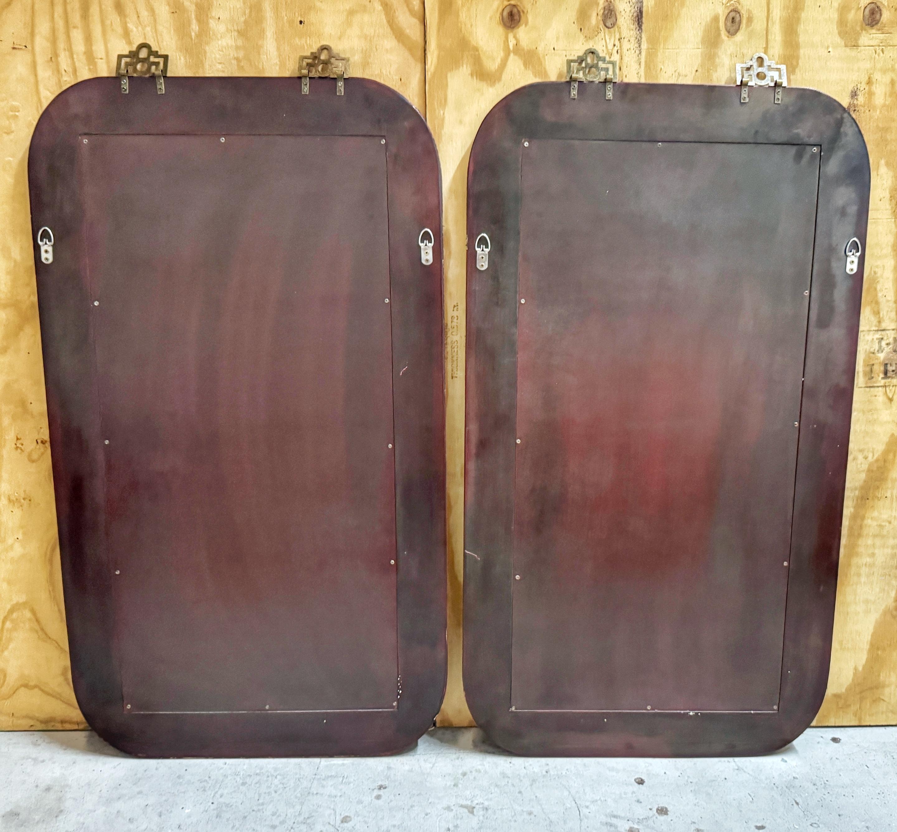 Pair of Red Leather Gilt Decorated Chinoiserie Brass Mounted Mirrors 7